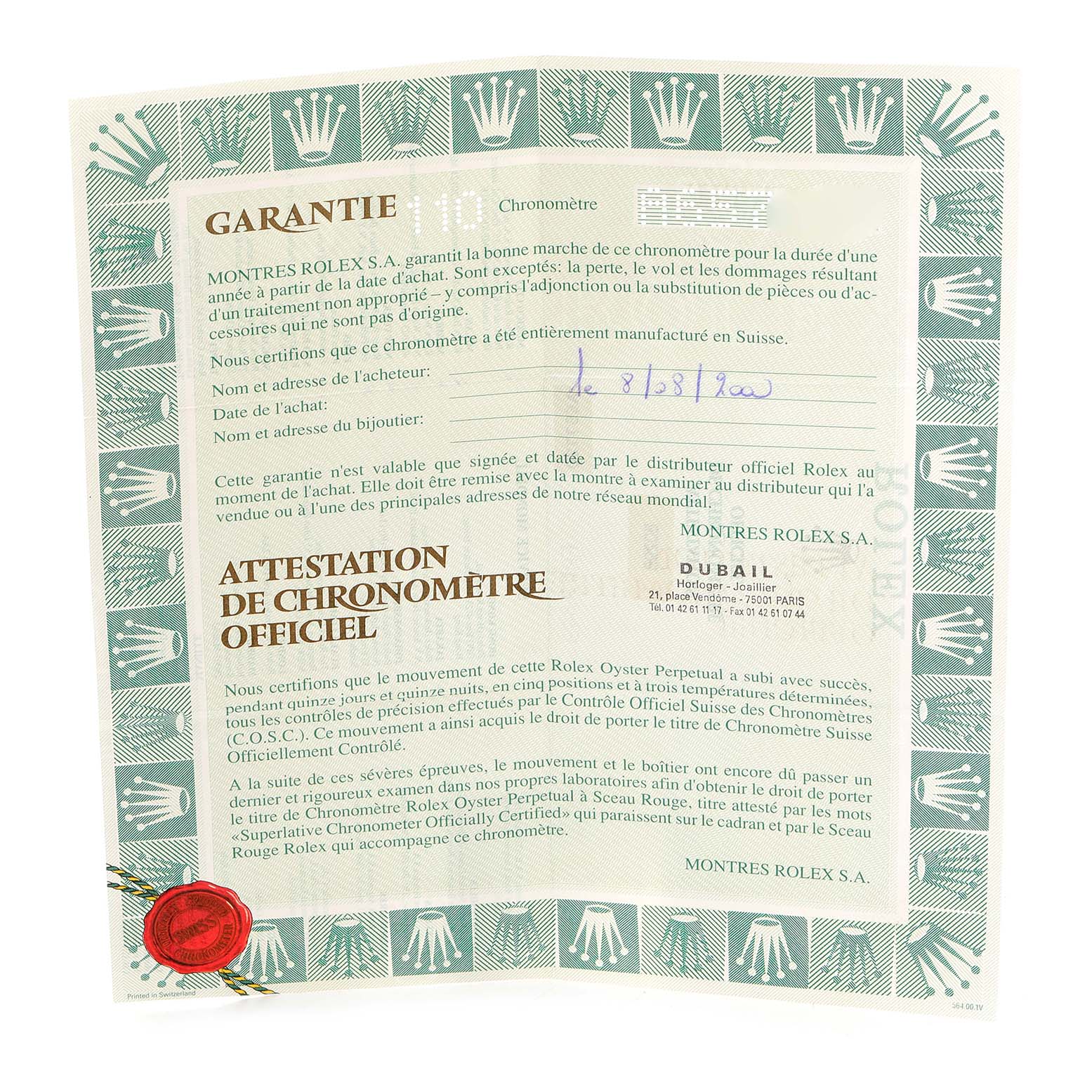 This image shows a close-up of the Rolex Pearlmaster 80298 Women's Yellow Gold Mother of Pearl Dial 80298 Women's Yellow Gold Mother of Pearl Dial warranty certificate with Rolex branding and official attestation details.