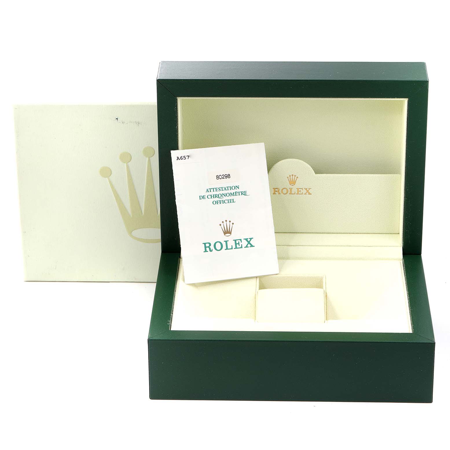 The image shows an open Rolex Pearlmaster 80298 Women's Yellow Gold Mother of Pearl Dial 80298 Women's Yellow Gold Mother of Pearl Dial watch box with certification papers and inner compartments.