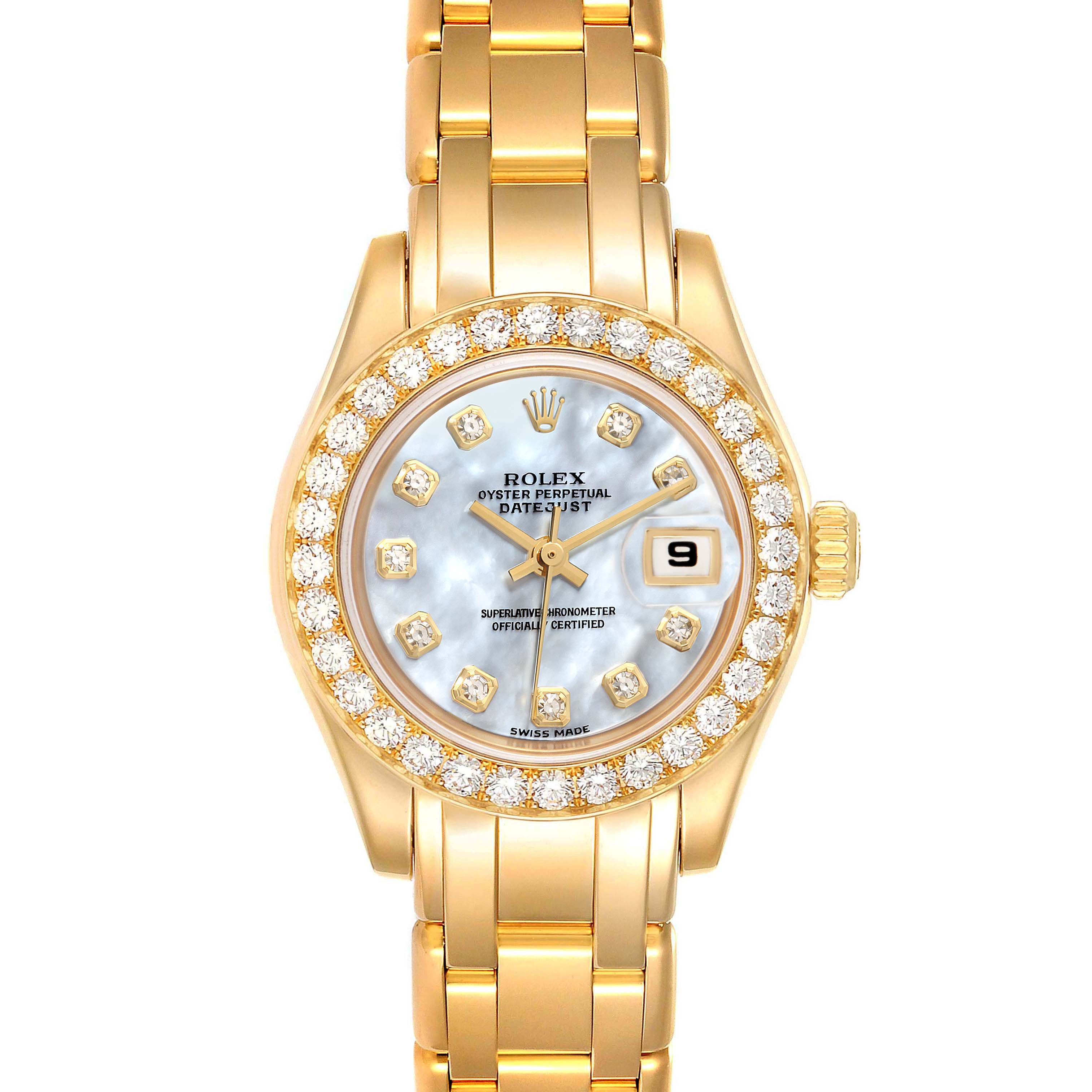 The image shows a Rolex Pearlmaster 80298 Women's Yellow Gold Mother of Pearl Dial 80298 Women's Yellow Gold Mother of Pearl Dial watch from a front angle, displaying its bezel, dial, bracelet, and crown.