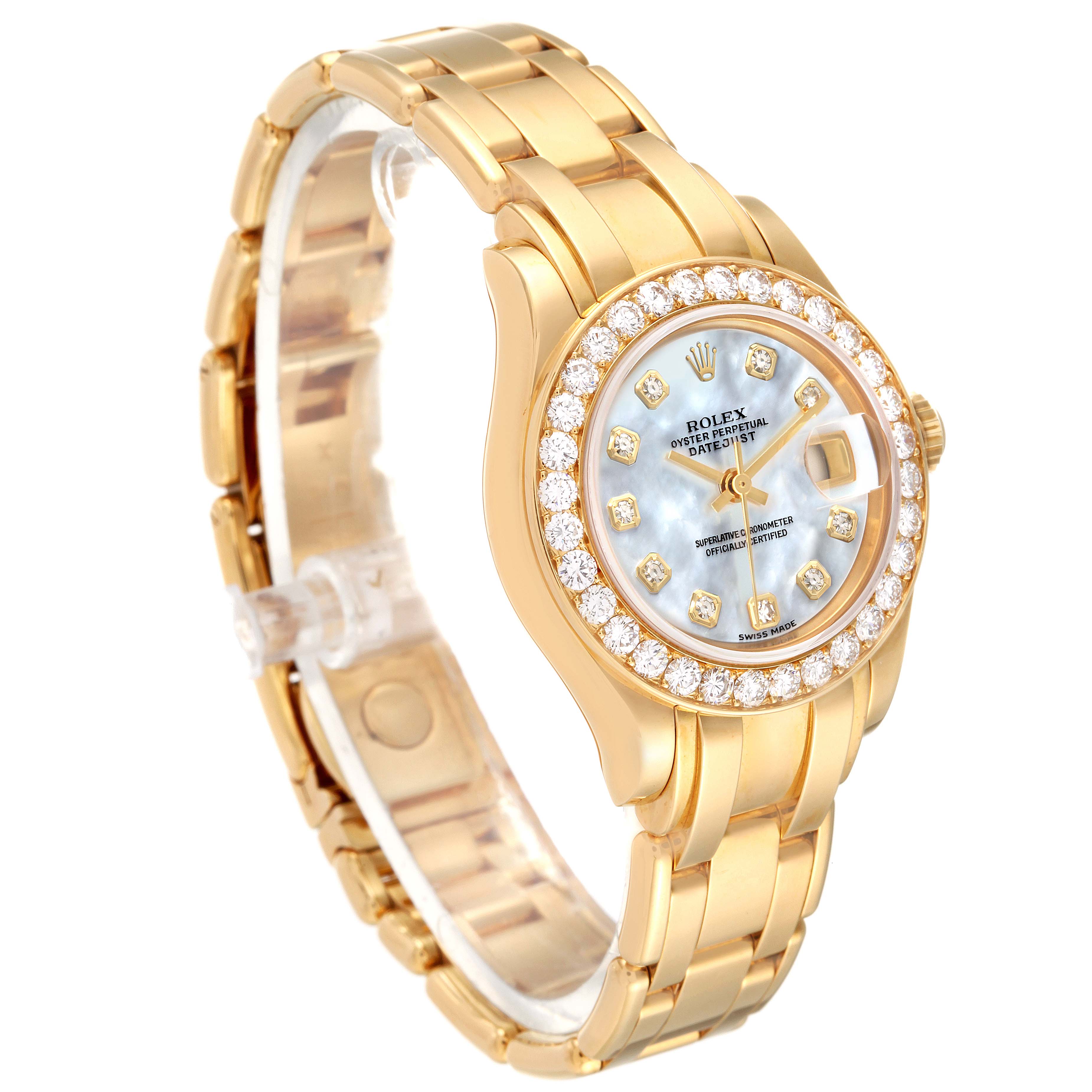 This image shows a side view of a Rolex Pearlmaster 80298 Women's Yellow Gold Mother of Pearl Dial 80298 Women's Yellow Gold Mother of Pearl Dial watch, highlighting its gold bracelet, diamond-studded bezel, and mother-of-pearl dial.