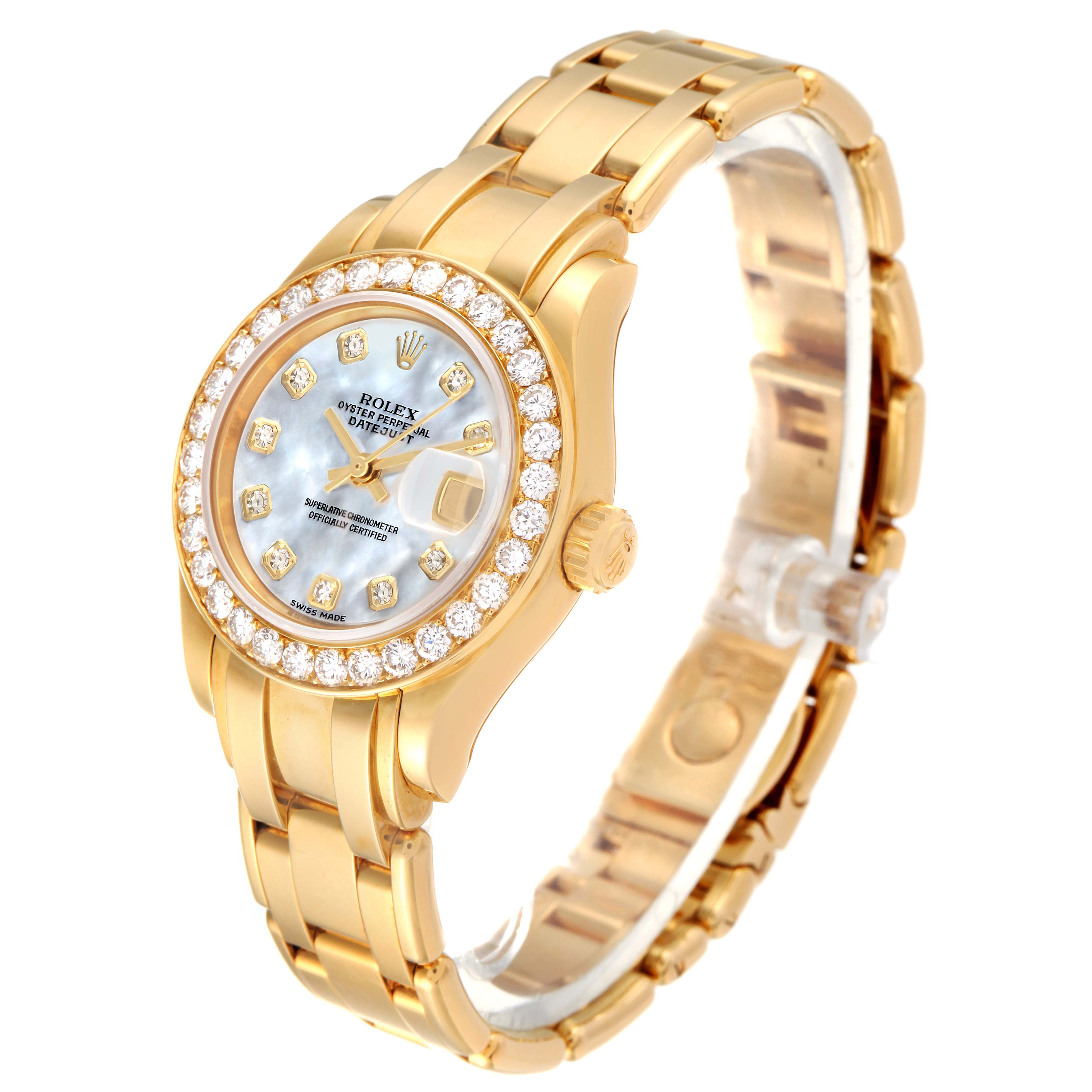 The Rolex Pearlmaster 80298 Women's Yellow Gold Mother of Pearl Dial 80298 Women's Yellow Gold Mother of Pearl Dial watch is shown at a slight angle, displaying the face, bezel, crown, and part of the band.