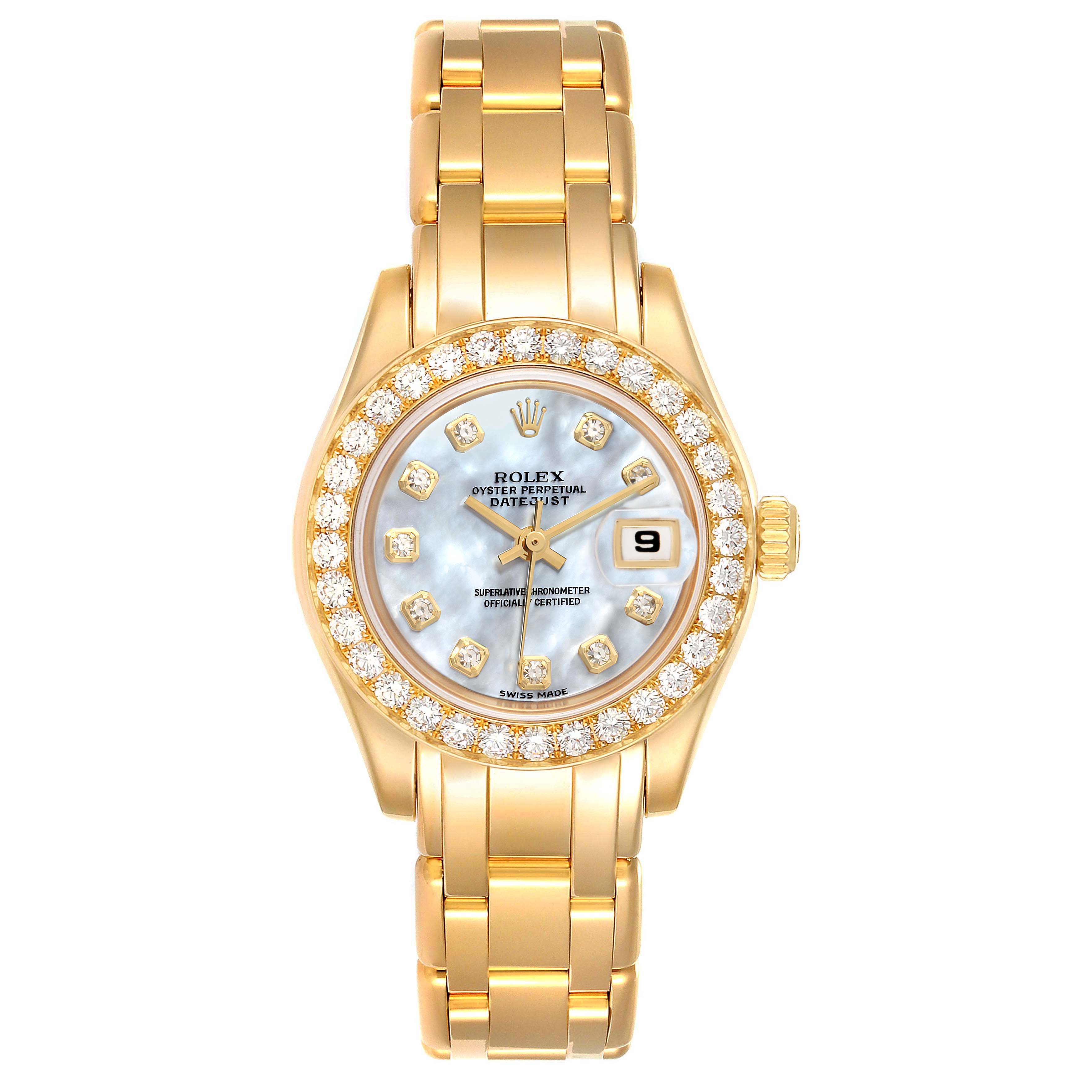 The Rolex Pearlmaster 80298 Women's Yellow Gold Mother of Pearl Dial 80298 Women's Yellow Gold Mother of Pearl Dial watch is shown from a top-down angle, displaying its dial, bezel, and bracelet.