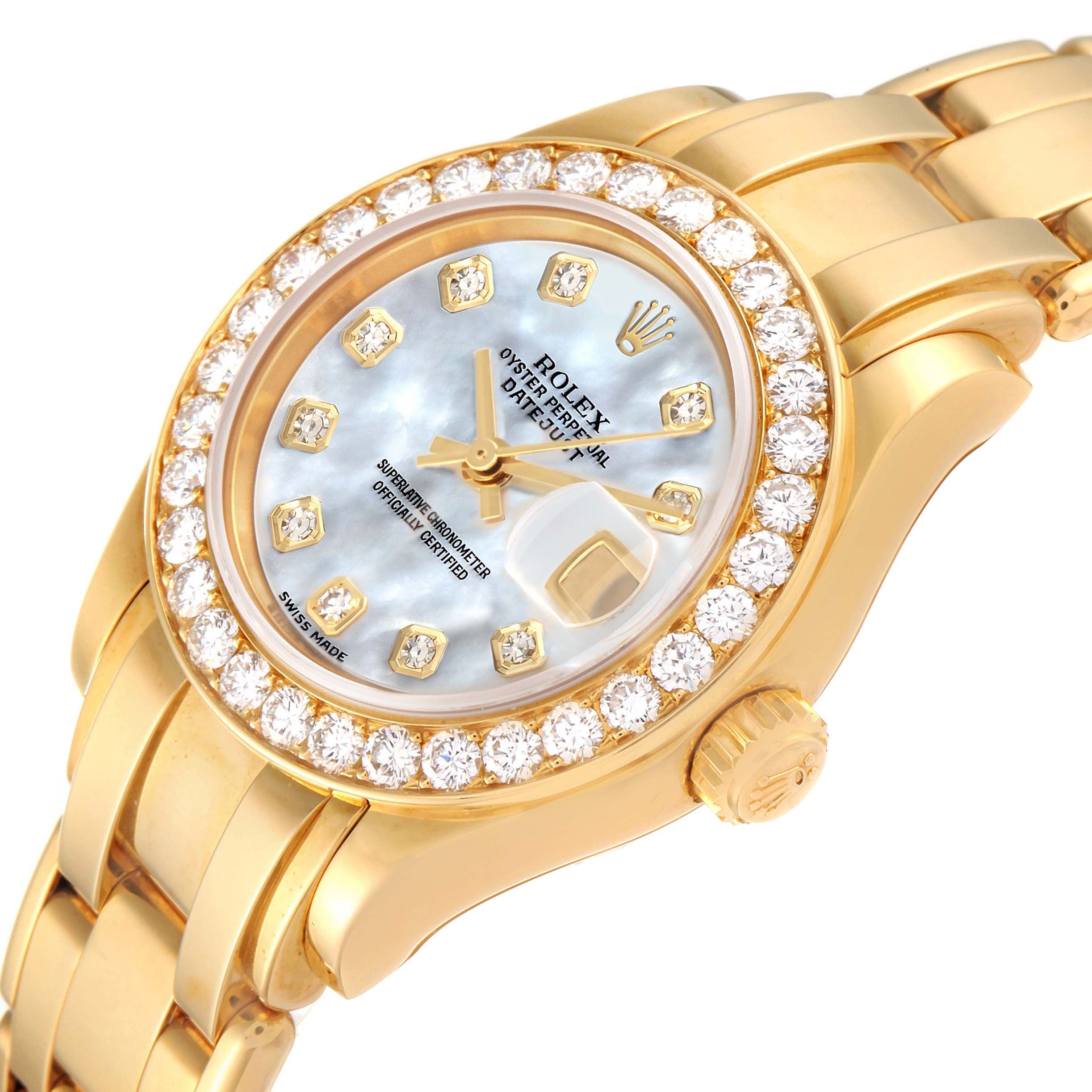 The Rolex Pearlmaster 80298 Women's Yellow Gold Mother of Pearl Dial 80298 Women's Yellow Gold Mother of Pearl Dial watch is shown at a slight angle displaying the face, bezel, and partial bracelet.