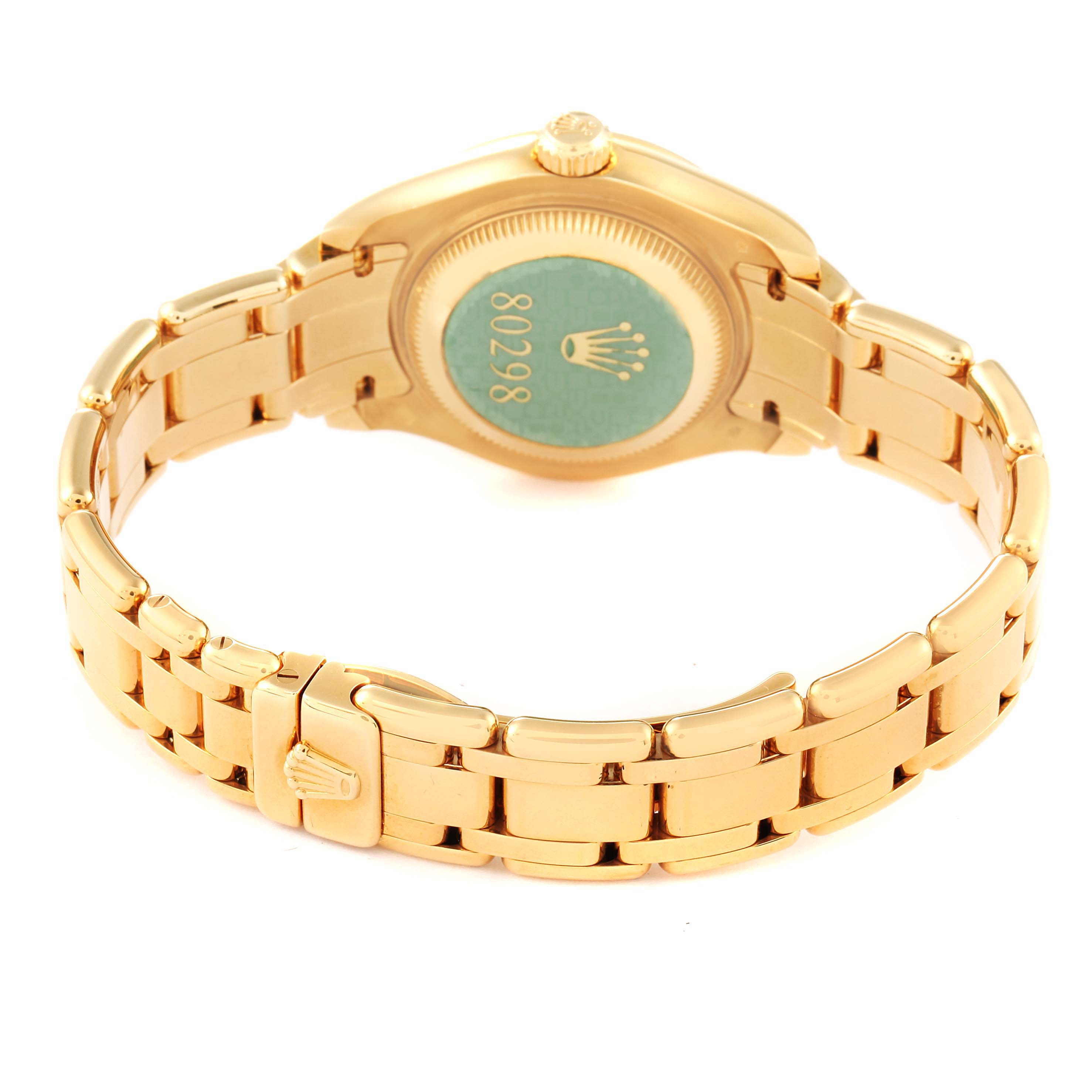 The image shows the back and bracelet of a Rolex Pearlmaster 80298 Women's Yellow Gold Mother of Pearl Dial 80298 Women's Yellow Gold Mother of Pearl Dial watch, highlighting the clasp and caseback.