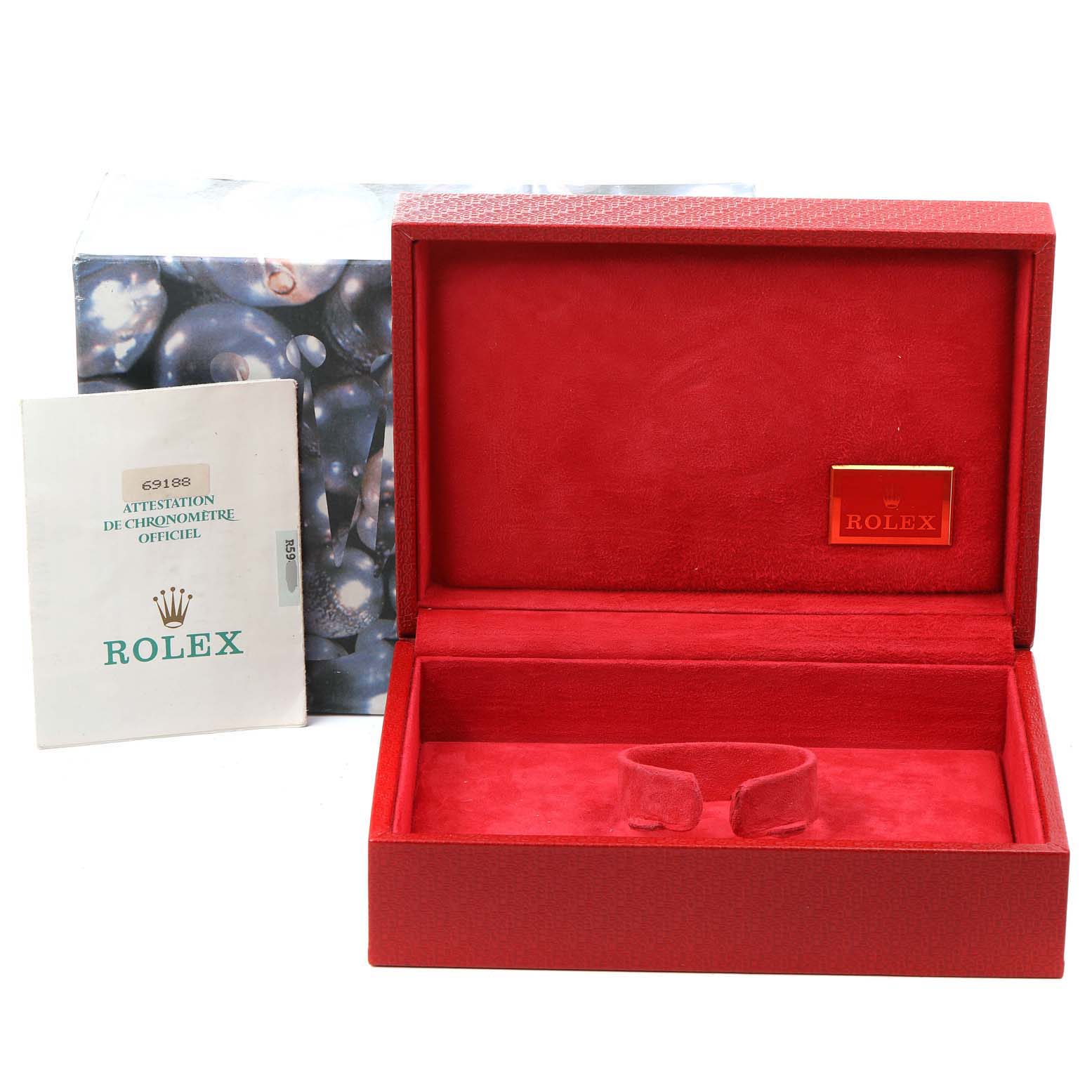 The image shows an empty Rolex President 69188 Women's Yellow Gold Champagne Dial 69188 Women's Yellow Gold Champagne Dial watch box, a booklet, and the outer packaging from a frontal angle.