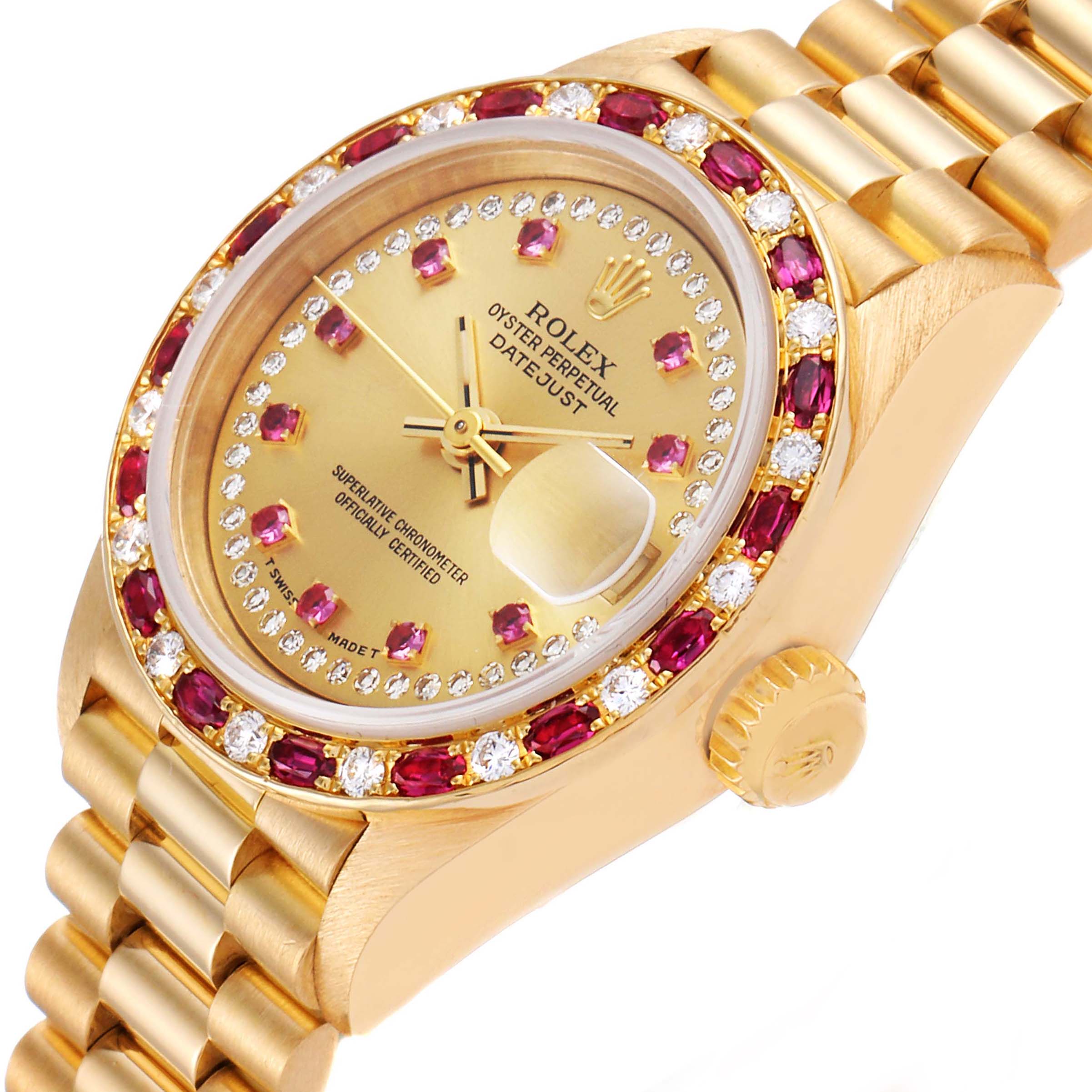 The Rolex President 69188 Women's Yellow Gold Champagne Dial 69188 Women's Yellow Gold Champagne Dial Datejust watch is shown from an angle highlighting its face, crown, and part of the strap.