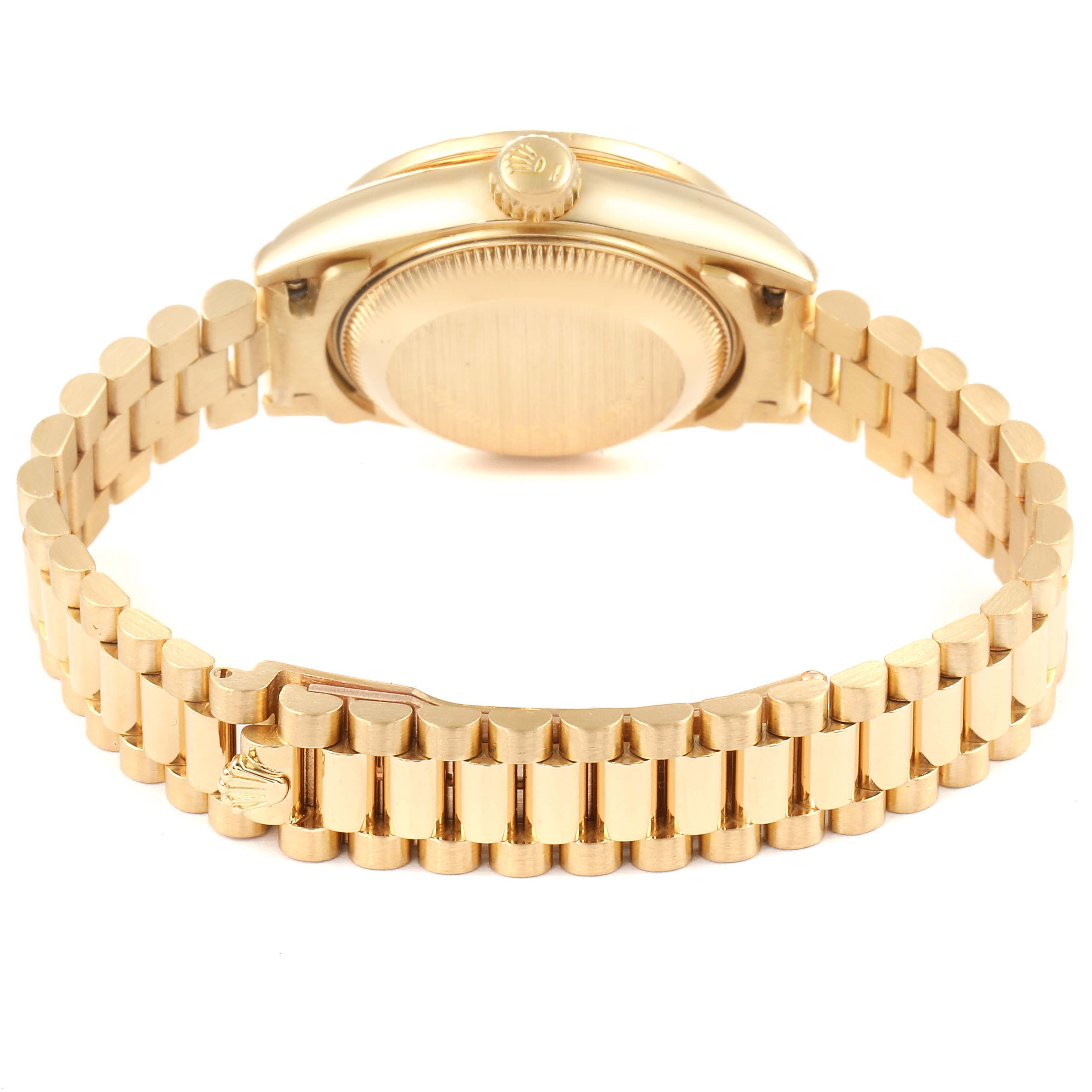 This is a rear view of the Rolex President 69188 Women's Yellow Gold Champagne Dial 69188 Women's Yellow Gold Champagne Dial watch showing its gold bracelet and case back.