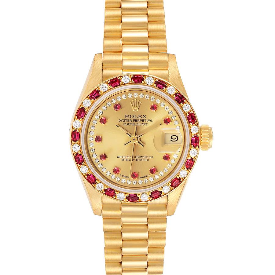 Rolex President 18k Yellow Gold Diamond Ruby Ladies Watch 69188 Box Papers SwissWatchExpo