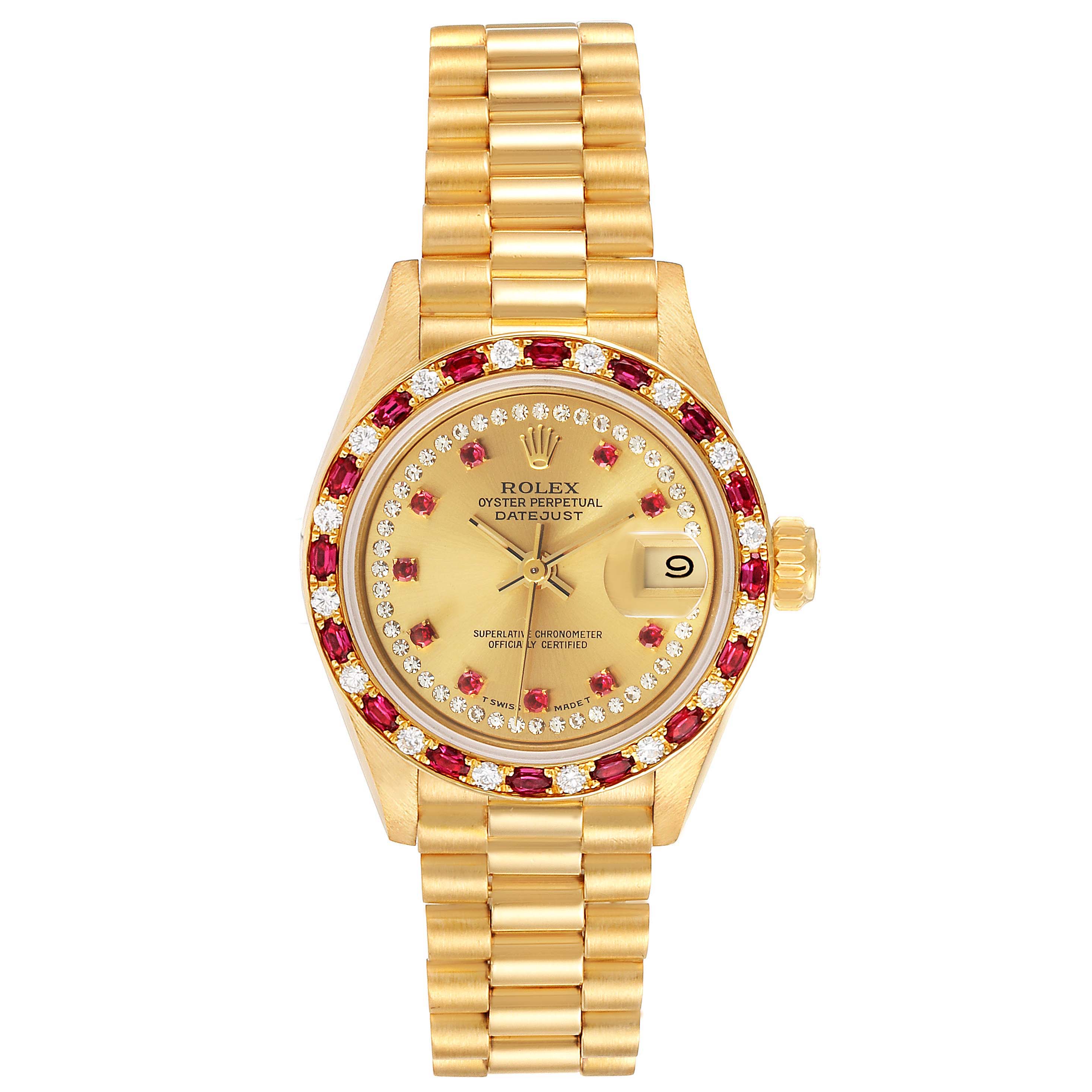 This image shows a front view of the Rolex President 69188 Women's Yellow Gold Champagne Dial 69188 Women's Yellow Gold Champagne Dial model watch, showcasing its gold dial, date function, and gemstone-encrusted bezel.