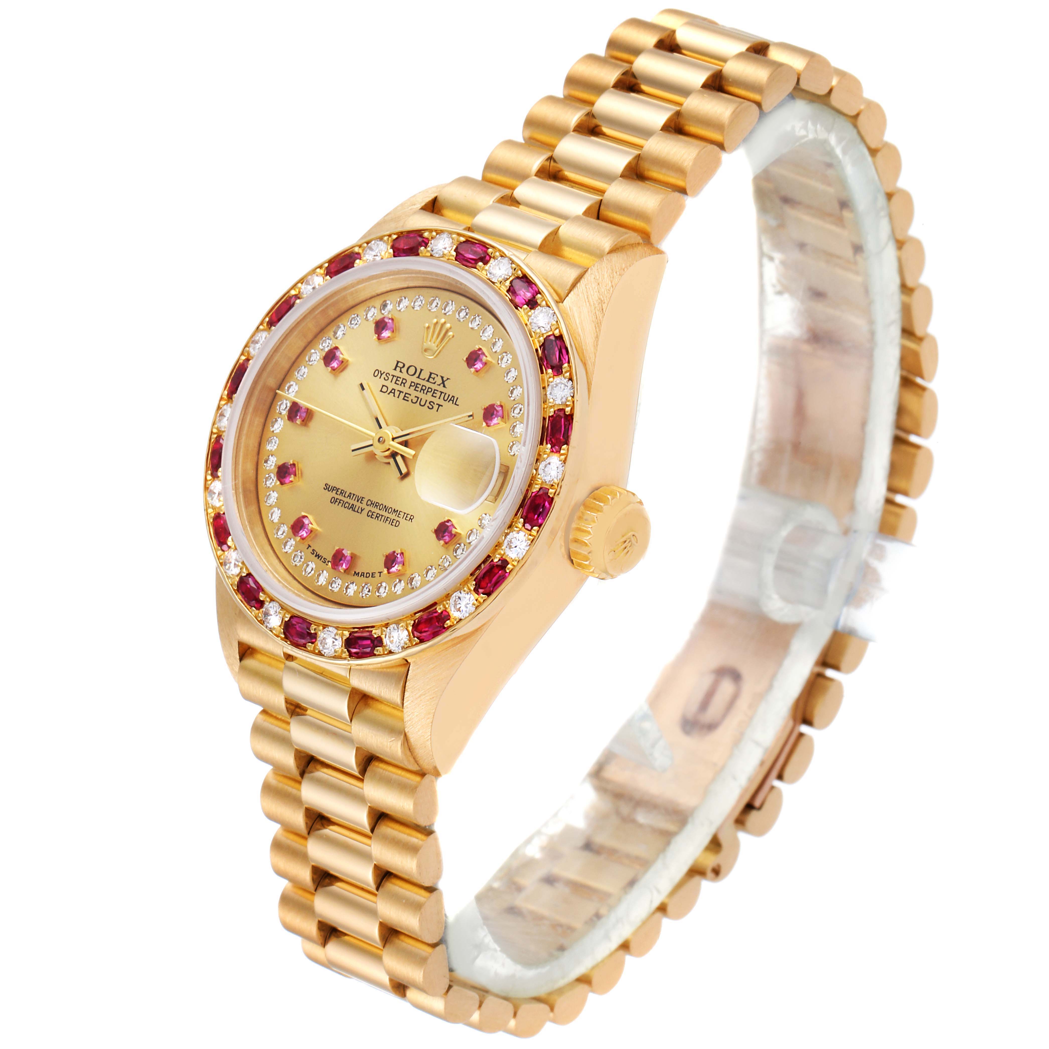 The Rolex President 69188 Women's Yellow Gold Champagne Dial 69188 Women's Yellow Gold Champagne Dial watch is shown at a three-quarter angle, displaying its dial, bezel, crown, and President bracelet.