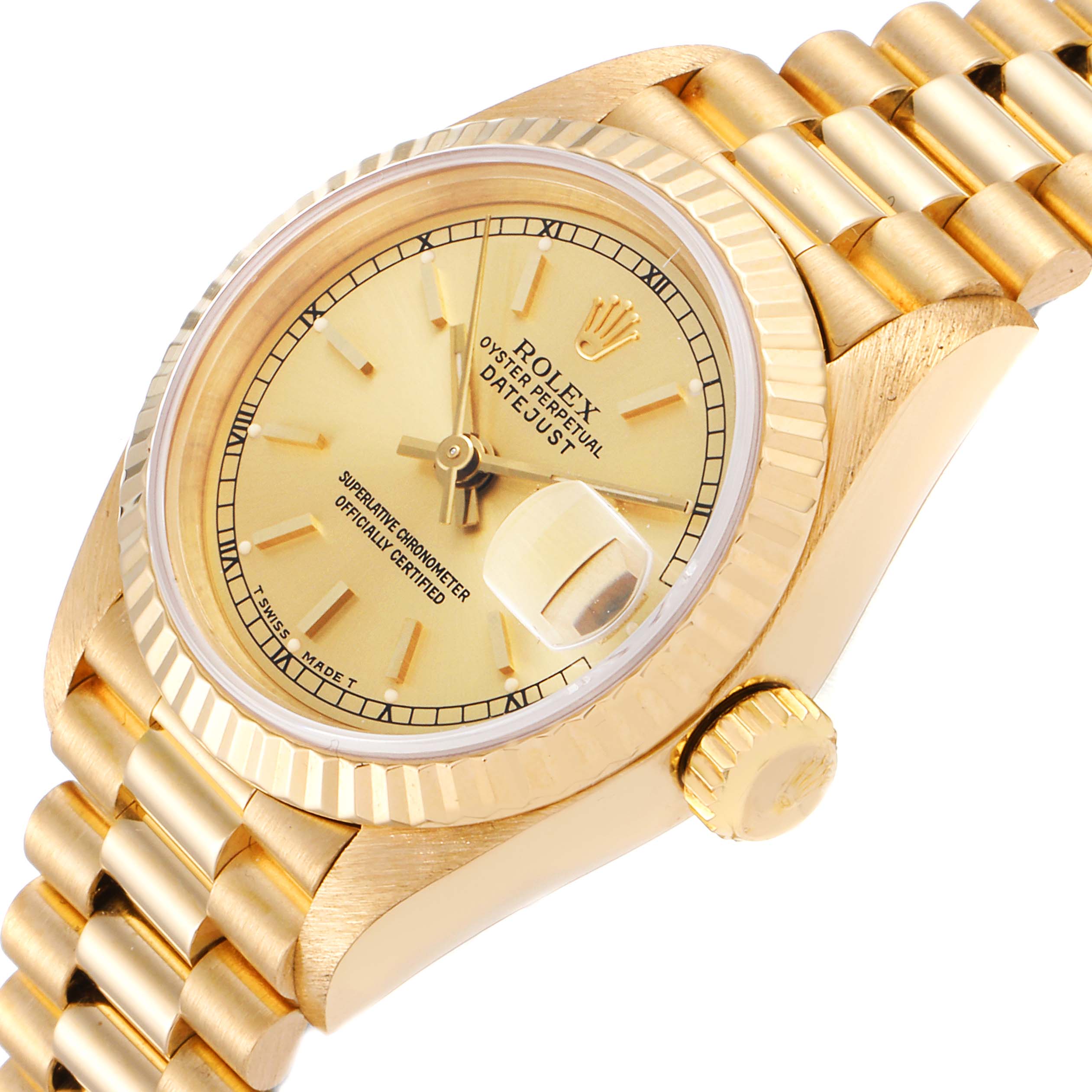 This is a close-up angled view of the Rolex President 69178 Women's Yellow Gold Champagne Dial 69178 Women's Yellow Gold Champagne Dial Datejust watch, showing the dial, bezel, crown, and bracelet.