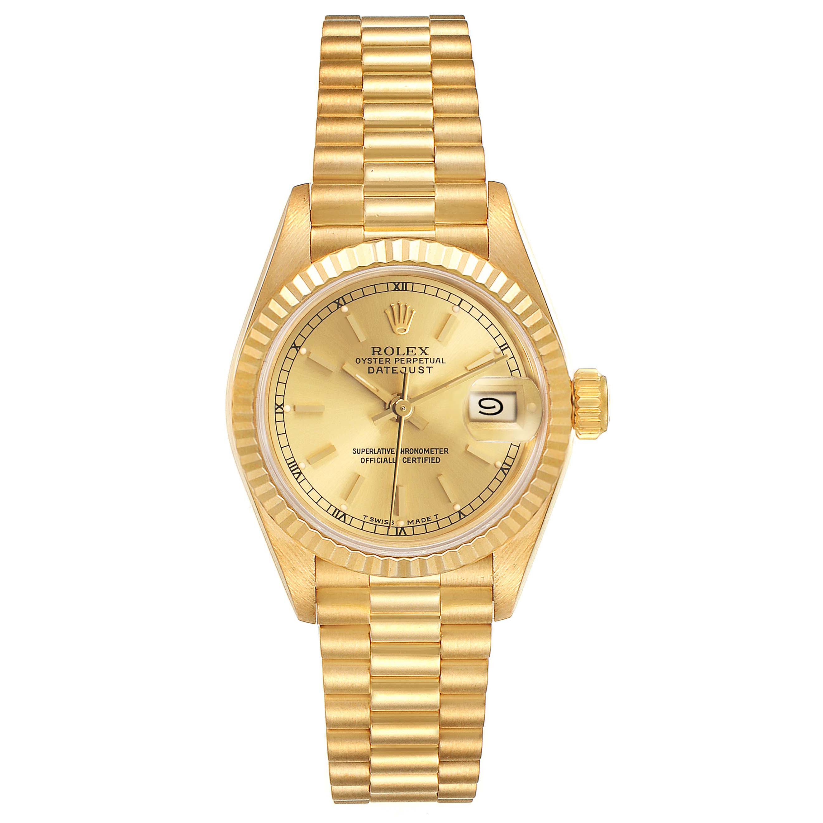 The Rolex President 69178 Women's Yellow Gold Champagne Dial 69178 Women's Yellow Gold Champagne Dial model is shown from a top-down angle, displaying its dial, fluted bezel, and bracelet.