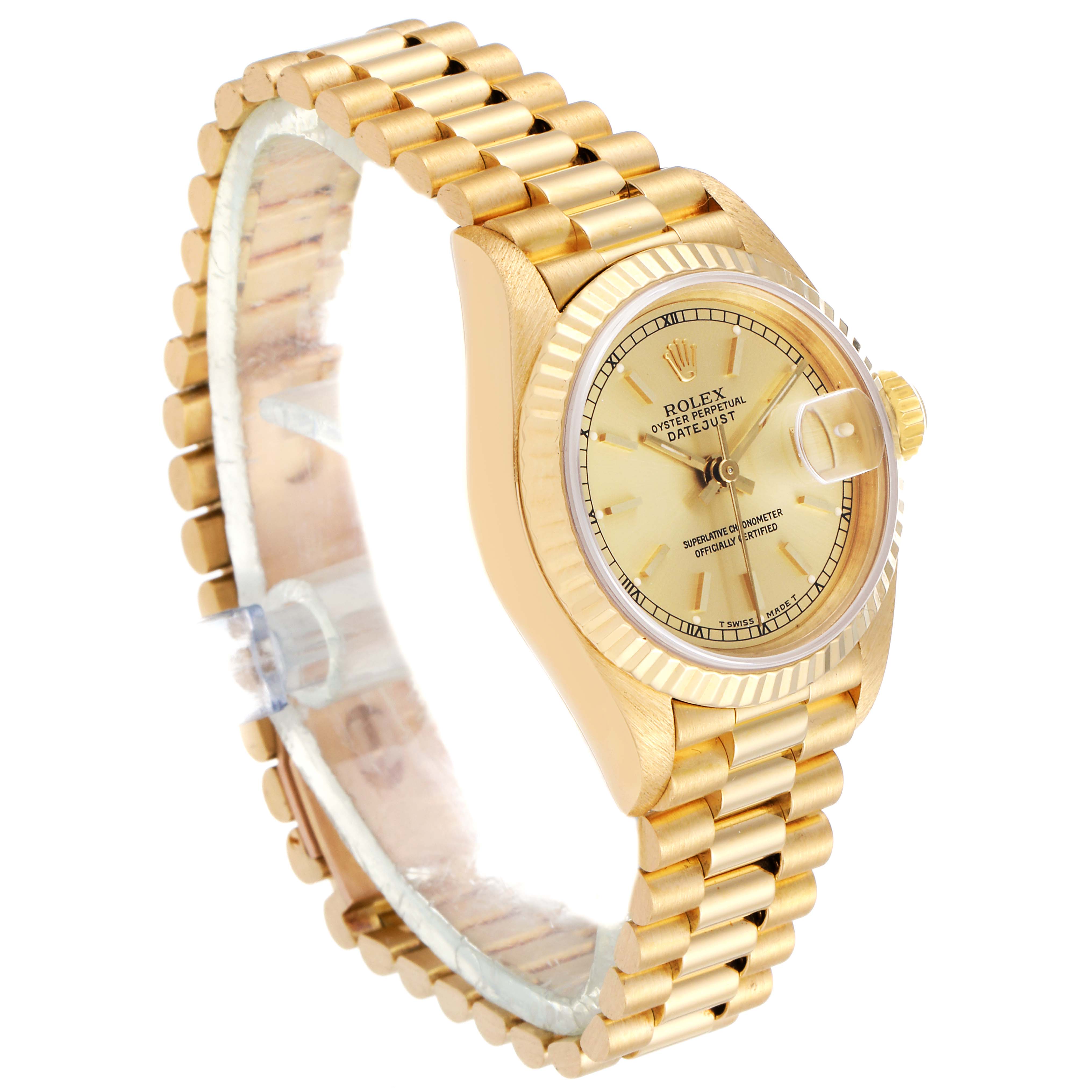 The image shows a Rolex President 69178 Women's Yellow Gold Champagne Dial 69178 Women's Yellow Gold Champagne Dial model watch at a three-quarter angle, highlighting the gold bracelet, dial, bezel, and crown.