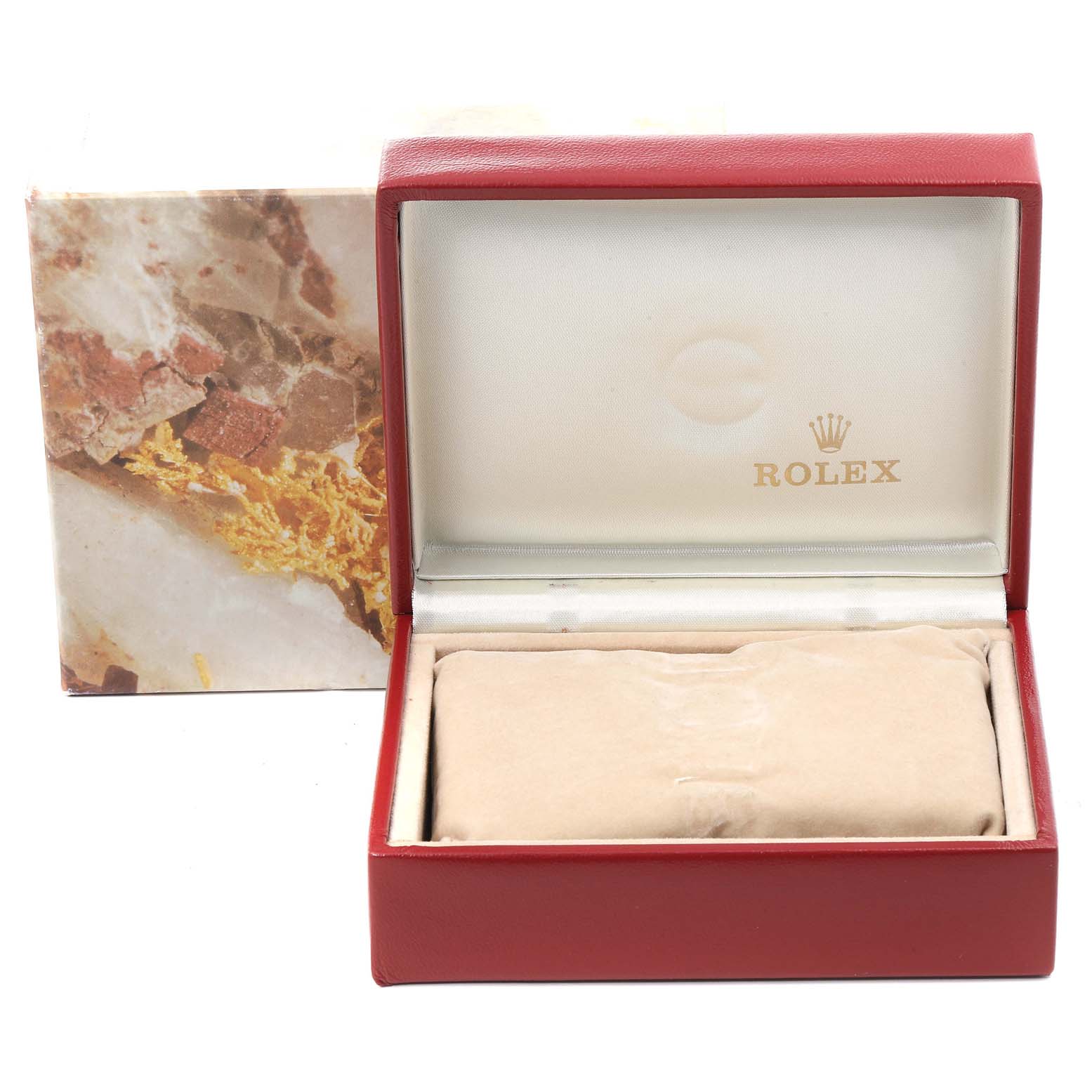 This image shows the open box of a Rolex President 69178 Women's Yellow Gold Champagne Dial 69178 Women's Yellow Gold Champagne Dial model watch, displaying the brand logo inside the lid.