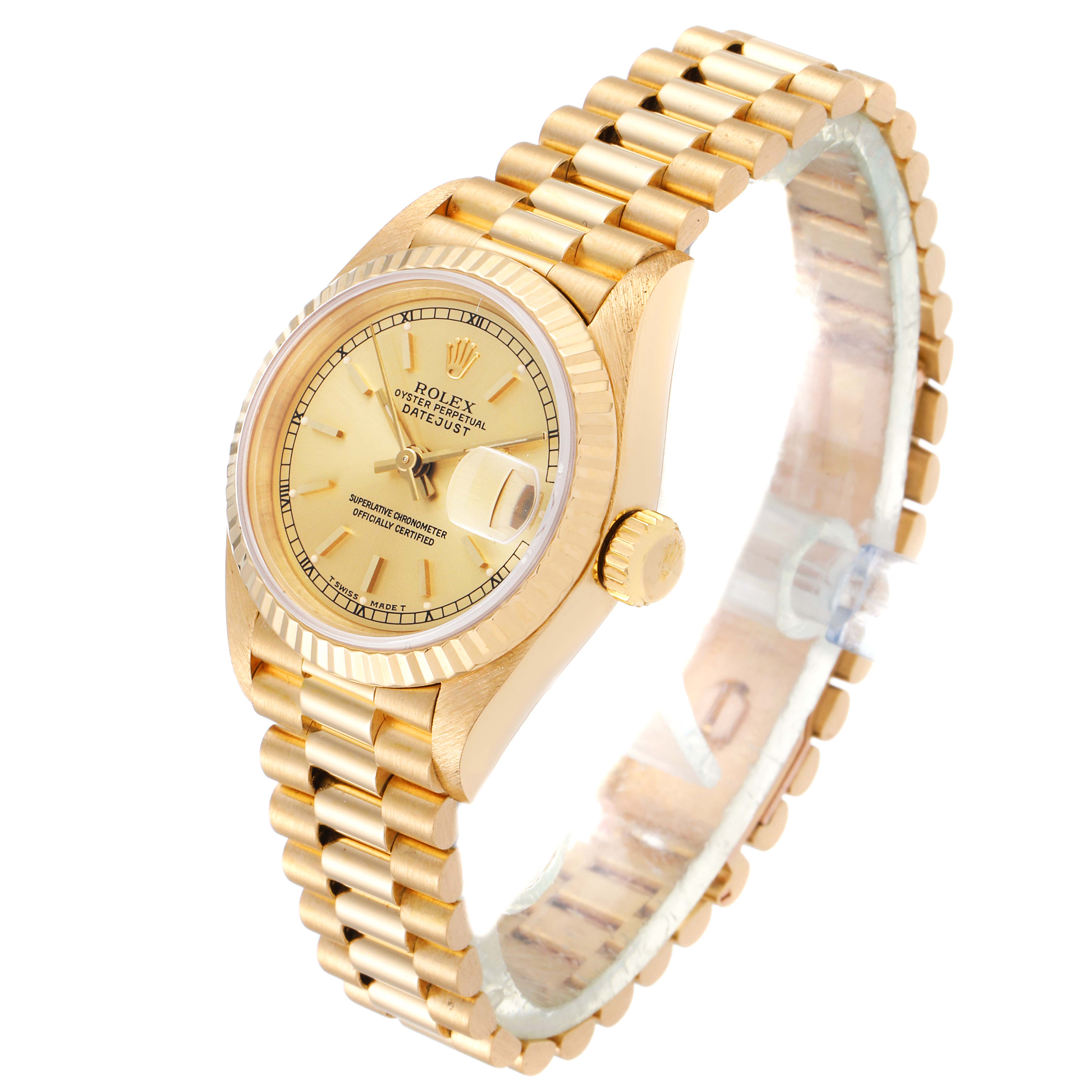 The image shows a Rolex President 69178 Women's Yellow Gold Champagne Dial 69178 Women's Yellow Gold Champagne Dial model watch at a three-quarter angle, highlighting its gold bracelet, case, and dial.