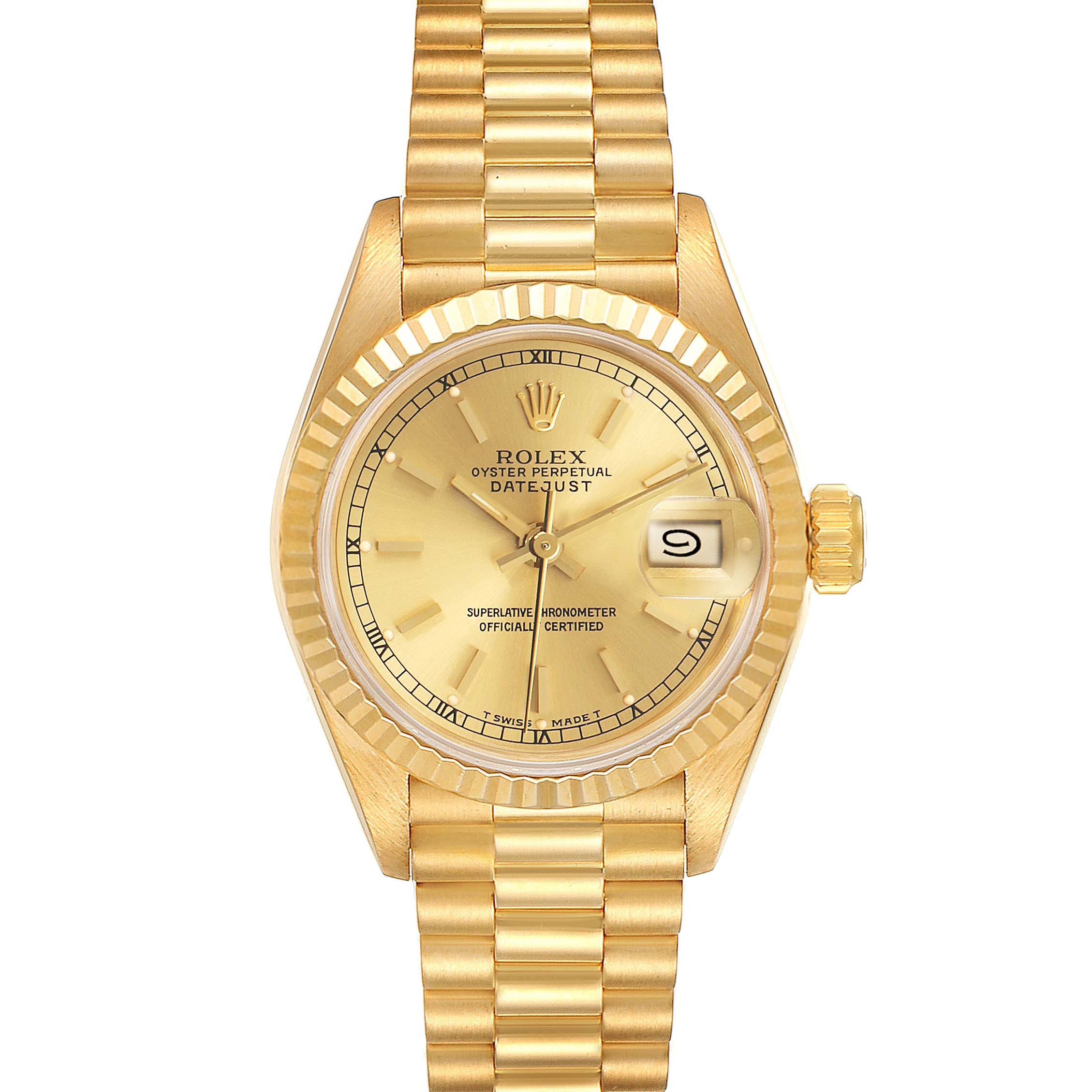This image shows a front view of a Rolex President 69178 Women's Yellow Gold Champagne Dial 69178 Women's Yellow Gold Champagne Dial model watch, displaying the face, bezel, bracelet, and date window.