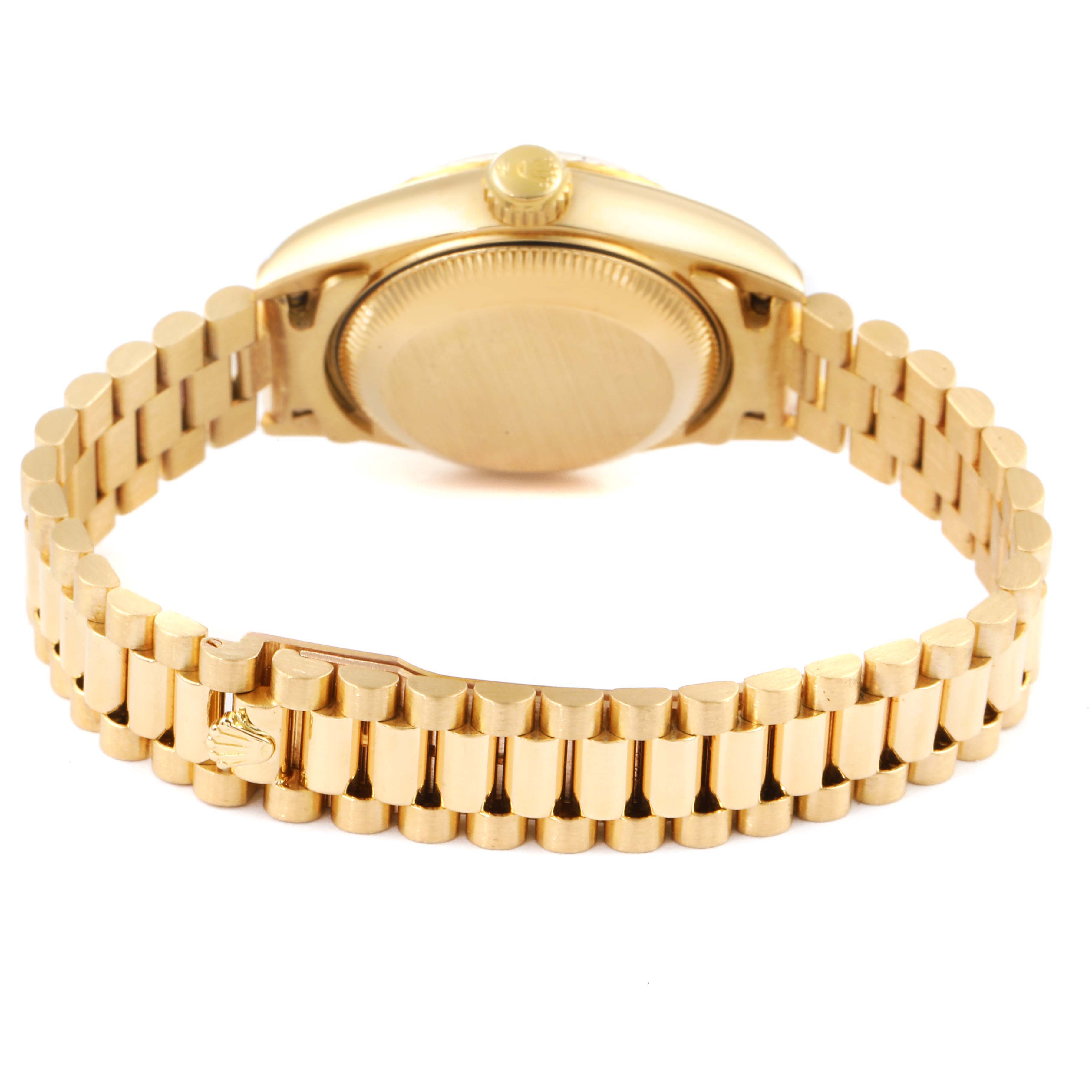 The image shows the back view and bracelet of a Rolex President 69178 Women's Yellow Gold Champagne Dial 69178 Women's Yellow Gold Champagne Dial model watch.