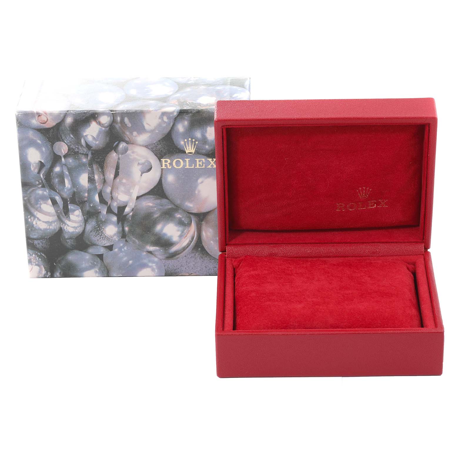 This image shows a red Rolex watch box with the lid open and an outer box for the Rolex President 69179 Women's White Gold Mother of Pearl Dial 69179 Women's White Gold Mother of Pearl Dial model.