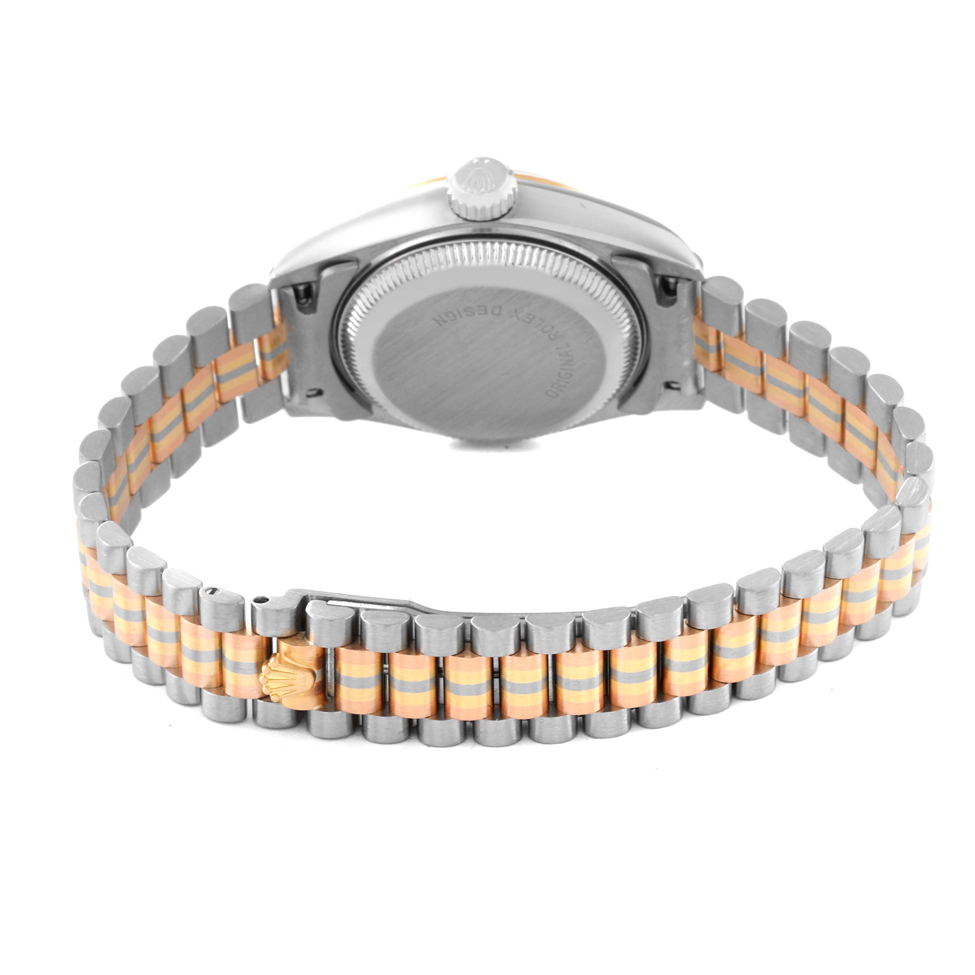 This image shows the back view of a Rolex President 69179 Women's White Gold Mother of Pearl Dial 69179 Women's White Gold Mother of Pearl Dial model watch, focusing on its case back and bi-metal bracelet.