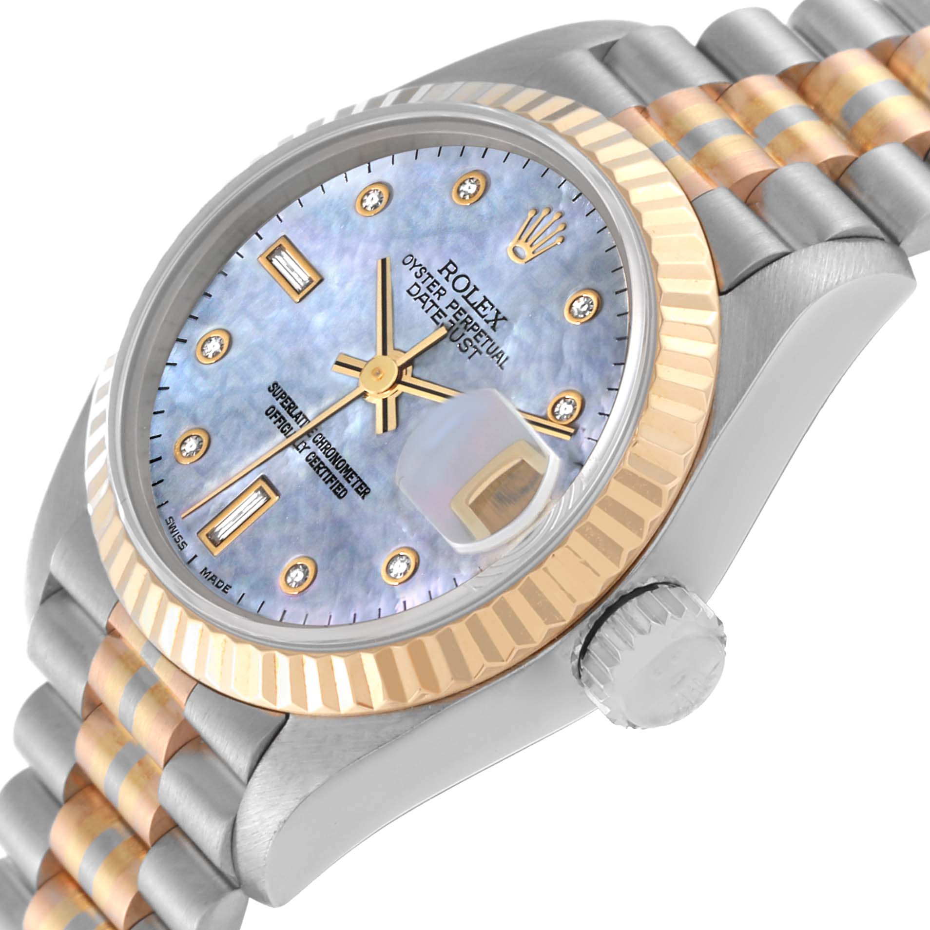 The image shows a close-up side view of the Rolex President 69179 Women's White Gold Mother of Pearl Dial 69179 Women's White Gold Mother of Pearl Dial model watch, showcasing its bezel, dial, crown, and bracelet.