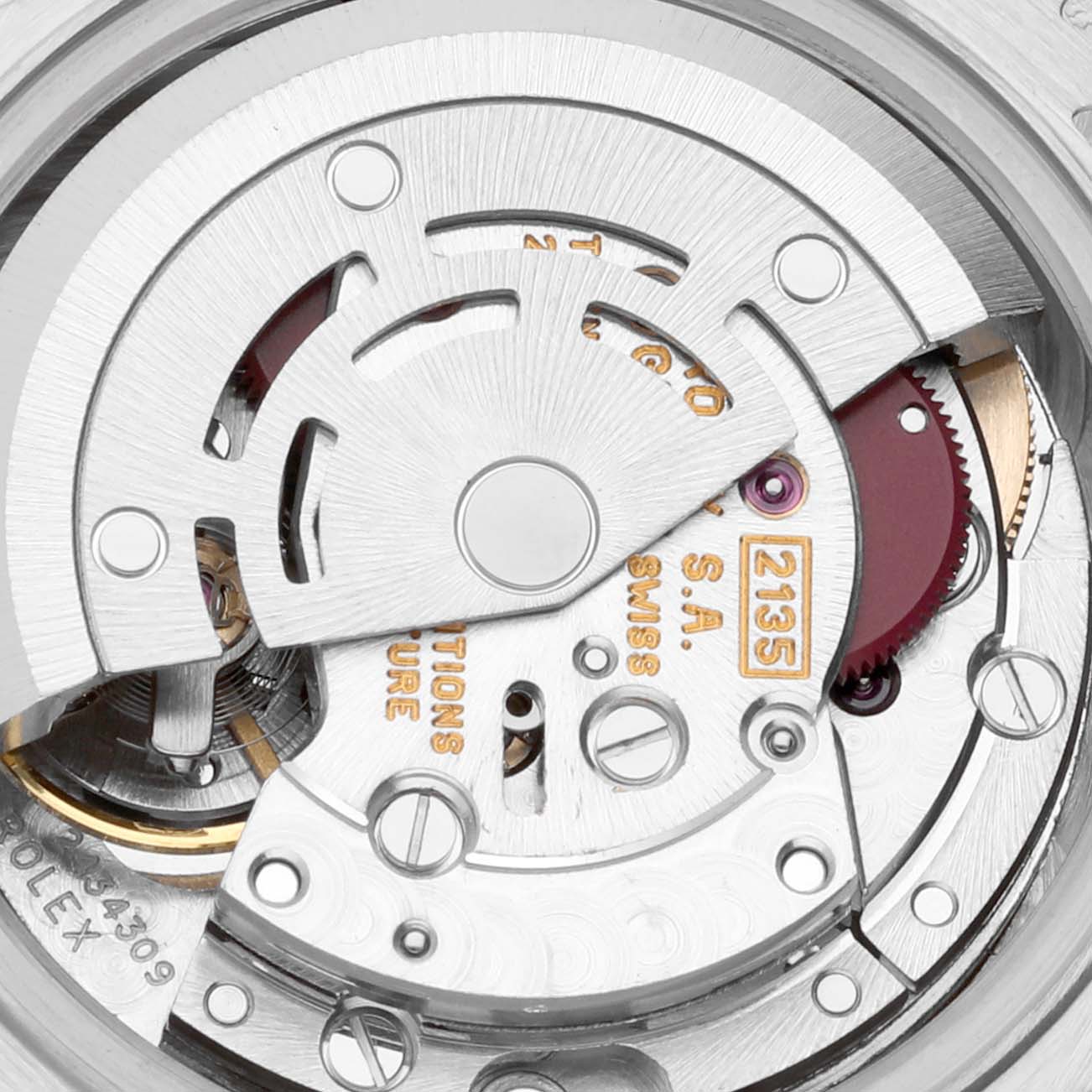 This image shows a close-up of the movement and inner mechanics of a Rolex President 69179 Women's White Gold Mother of Pearl Dial 69179 Women's White Gold Mother of Pearl Dial model watch.