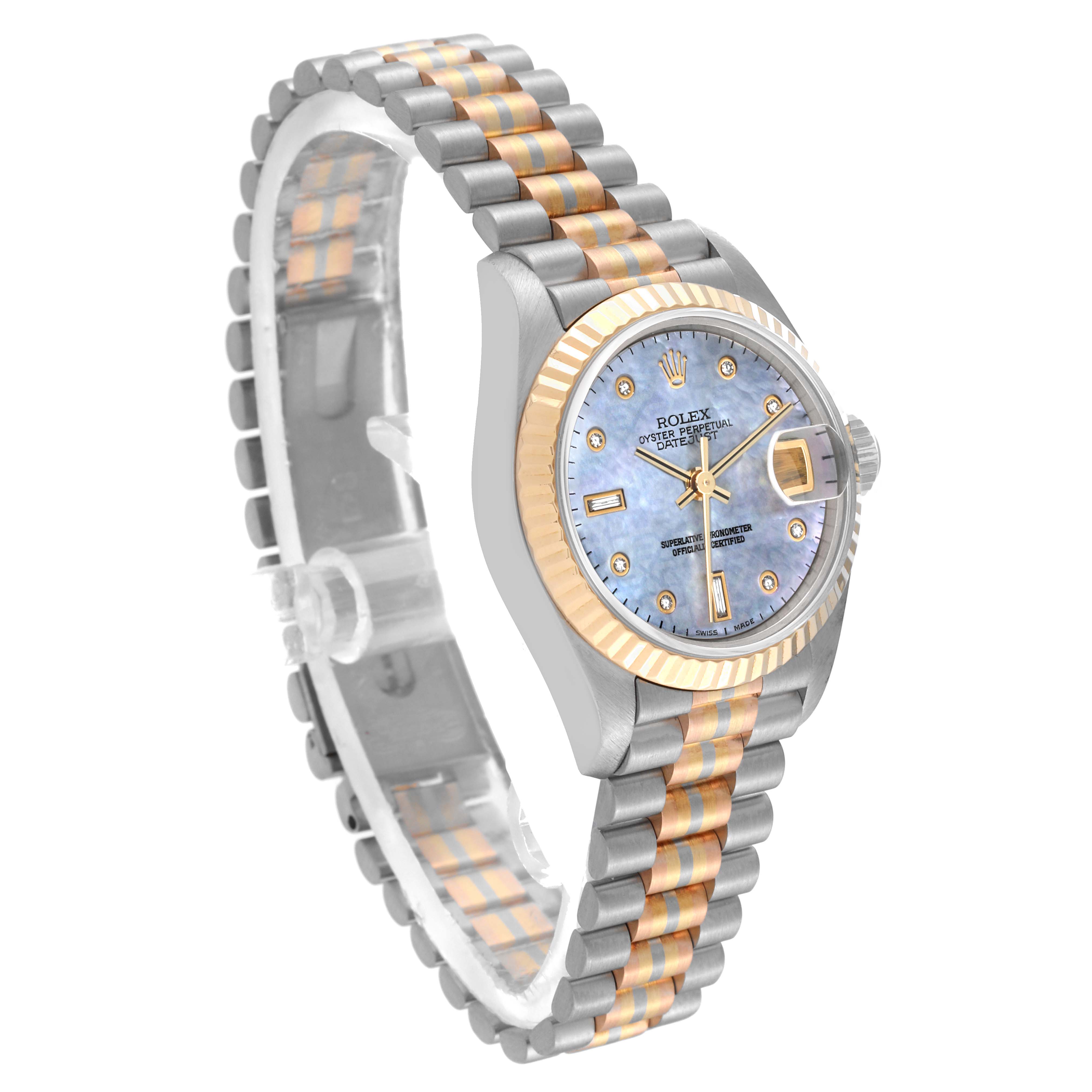 The Rolex President 69179 Women's White Gold Mother of Pearl Dial 69179 Women's White Gold Mother of Pearl Dial model watch is shown at a three-quarter angle, displaying the face, bezel, and bracelet.