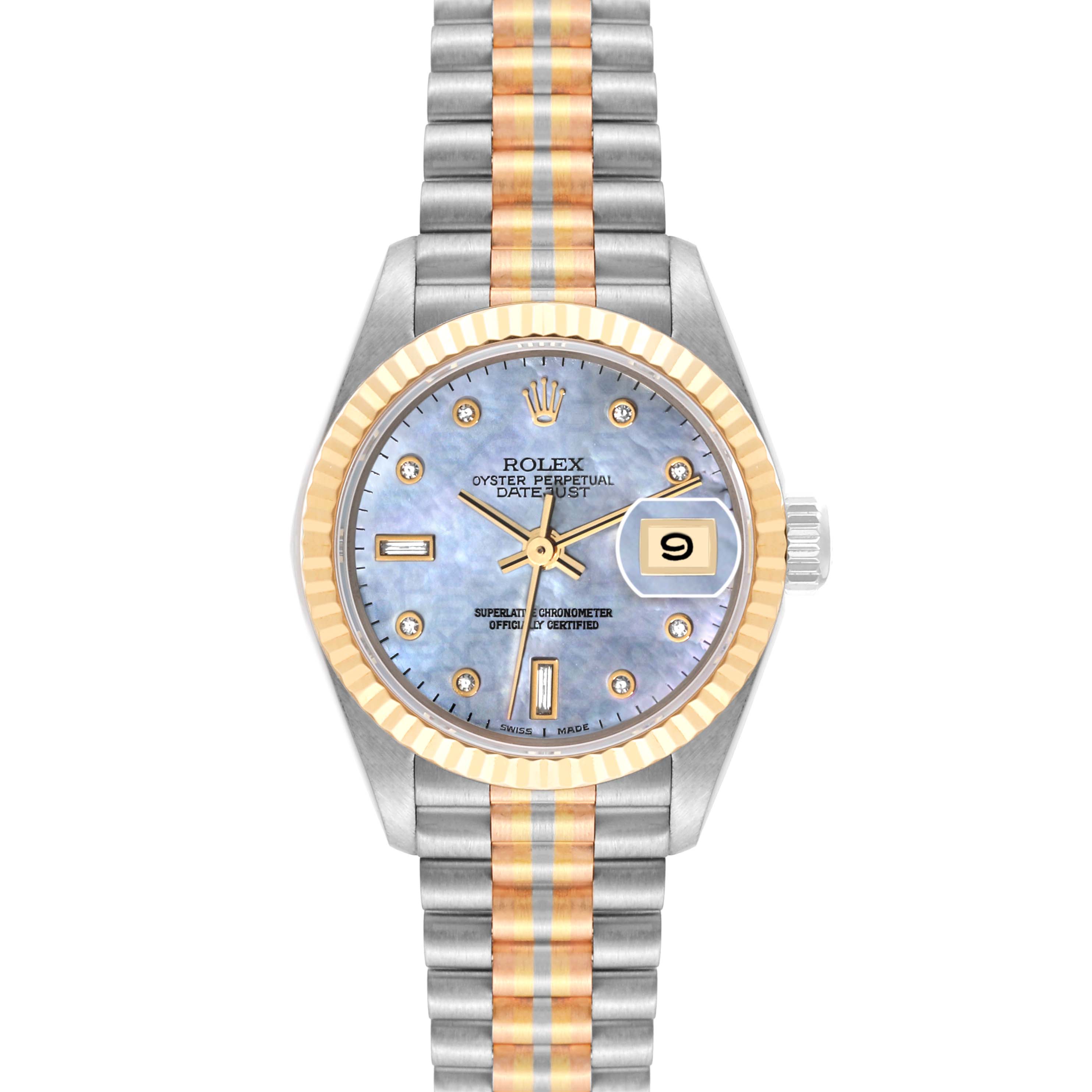 This image shows a front view of the Rolex President 69179 Women's White Gold Mother of Pearl Dial 69179 Women's White Gold Mother of Pearl Dial model watch, highlighting the dial, bezel, and bracelet.
