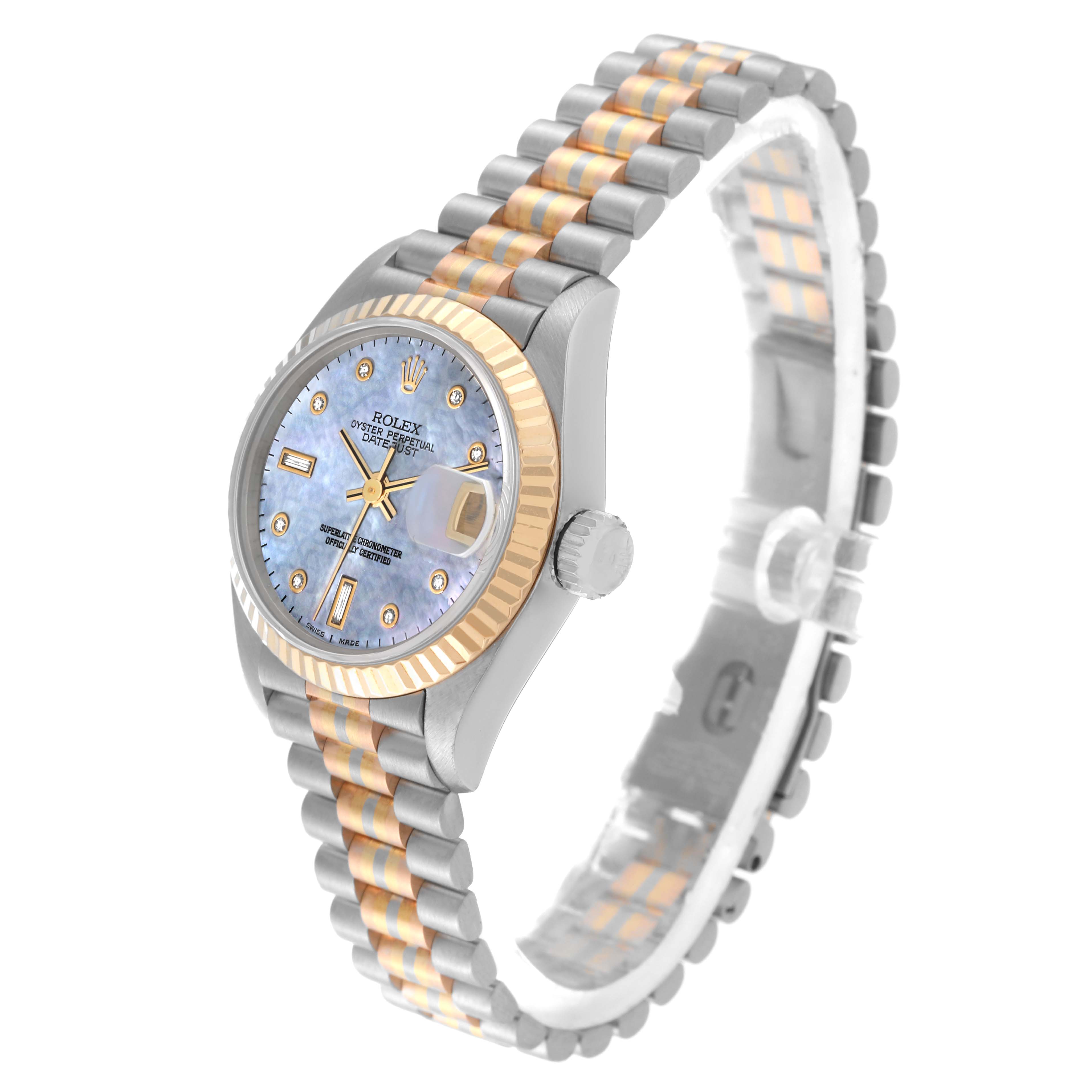 The image displays a Rolex President 69179 Women's White Gold Mother of Pearl Dial 69179 Women's White Gold Mother of Pearl Dial model watch at a three-quarter angle, highlighting its face, bezel, and two-tone bracelet.