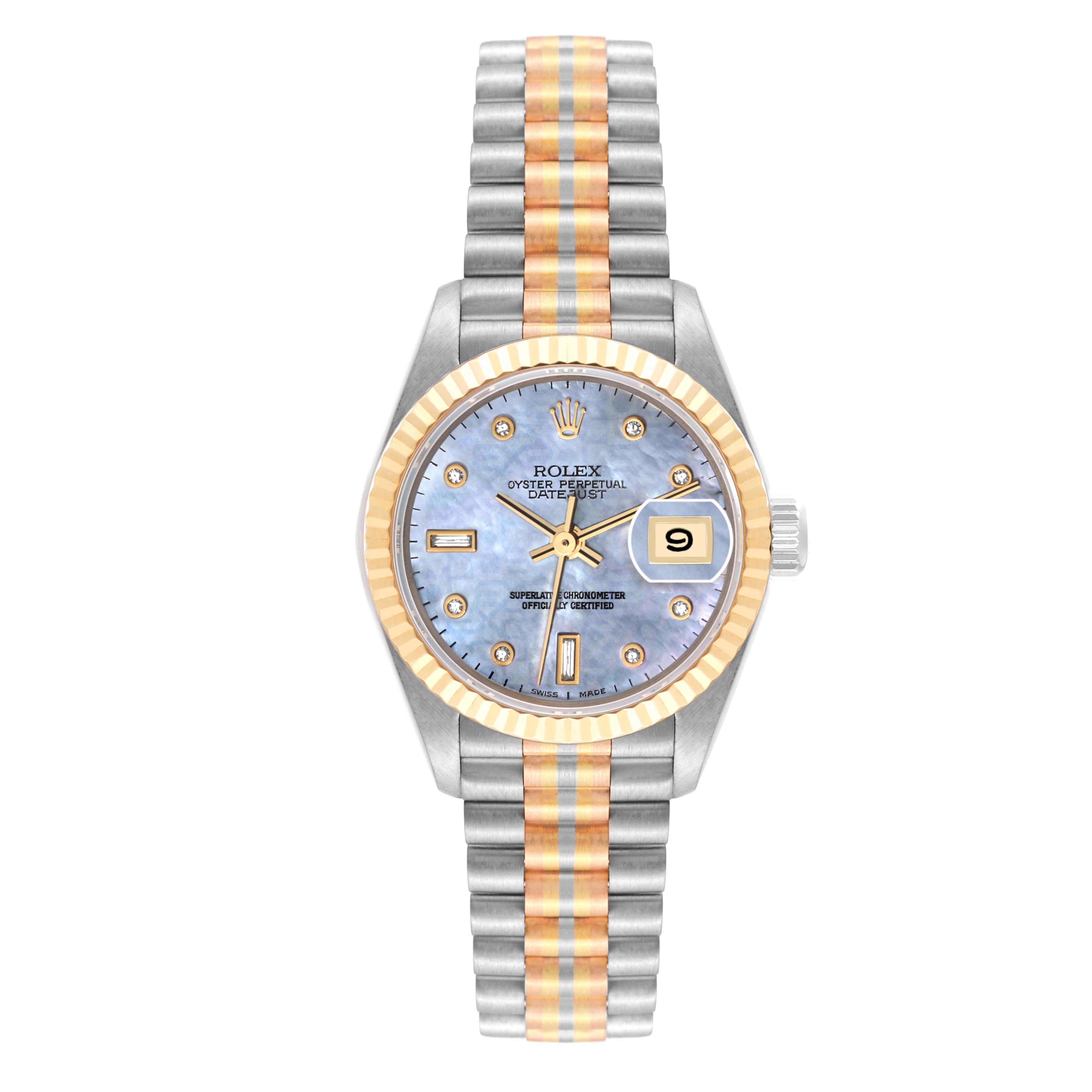 The image shows a Rolex President 69179 Women's White Gold Mother of Pearl Dial 69179 Women's White Gold Mother of Pearl Dial model watch from a front view, displaying the entire watch face, hands, bezel, and bracelet.