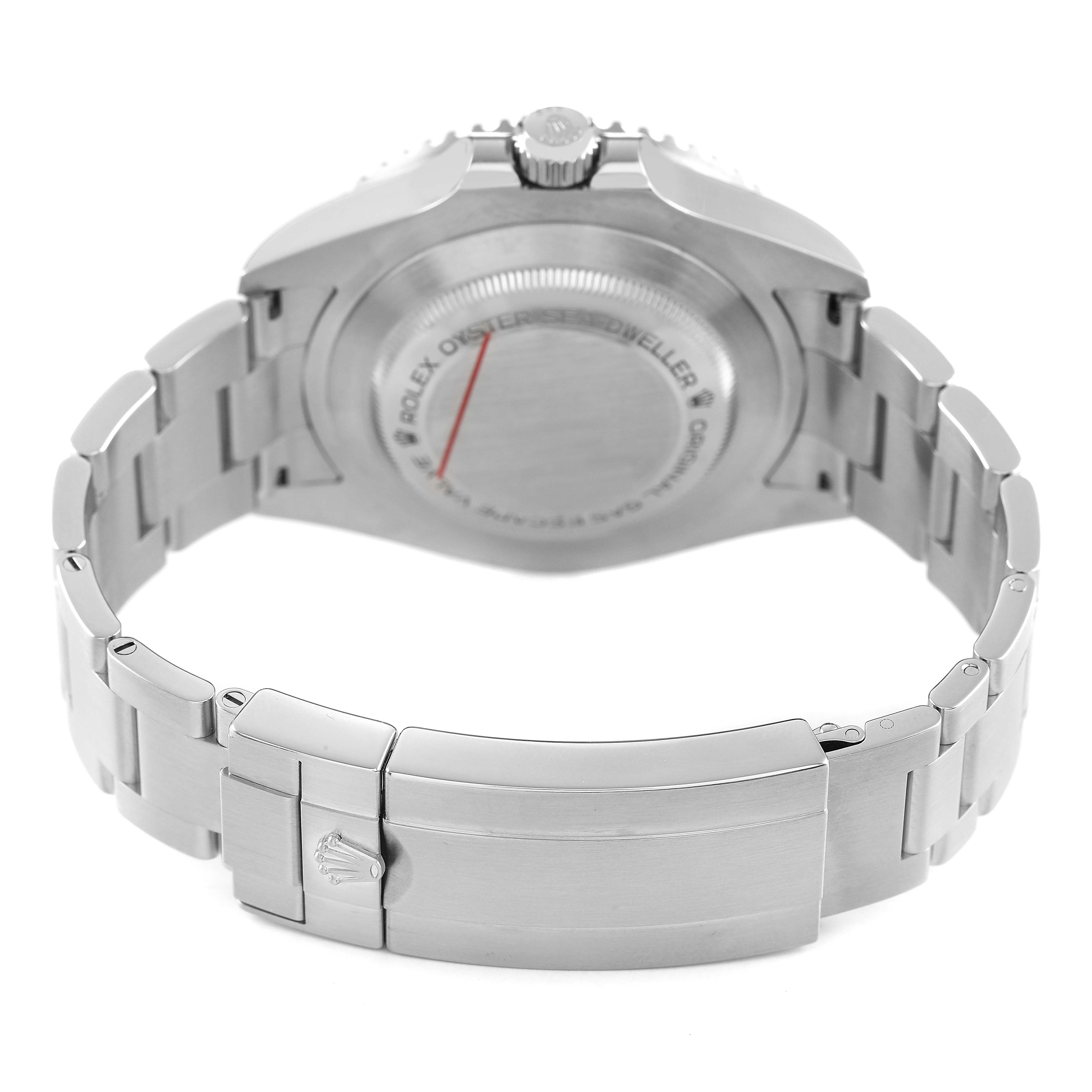 The image shows the back and bracelet of a Rolex Sea-Dweller 126600 Men's Stainless Steel Black Dial, focused on the clasp and case back.