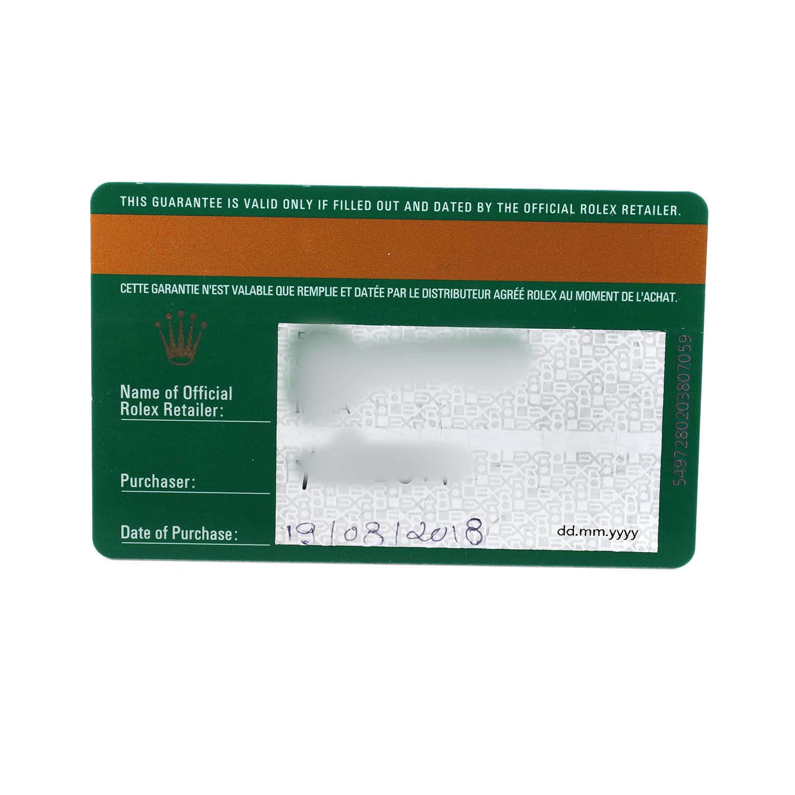 This image shows a warranty card for a Rolex Sea-Dweller 126600 Men's Stainless Steel Black Dial, viewed from above.