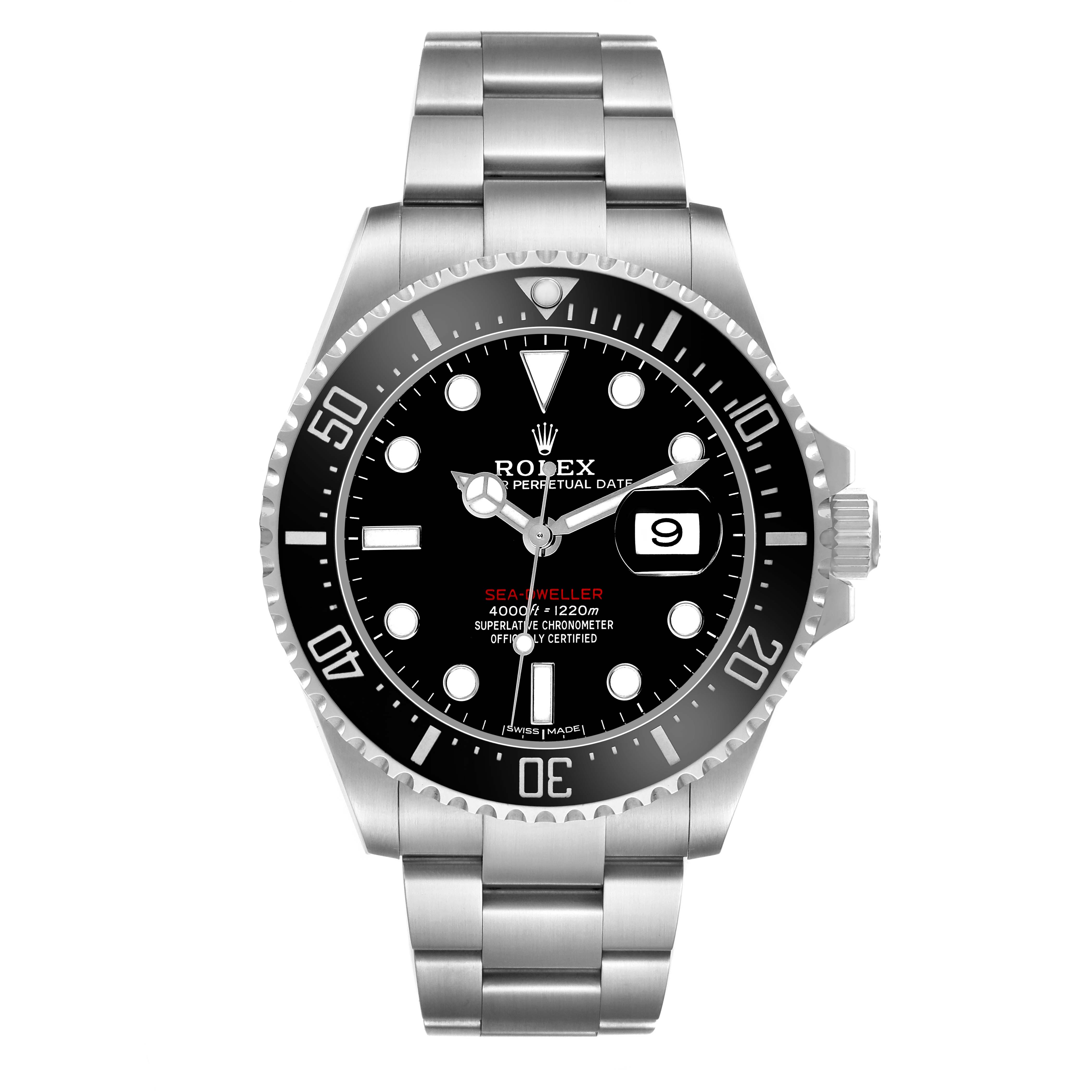 The image shows a frontal view of the Rolex Sea-Dweller 126600 Men's Stainless Steel Black Dial watch, displaying its dial, bezel, and bracelet.