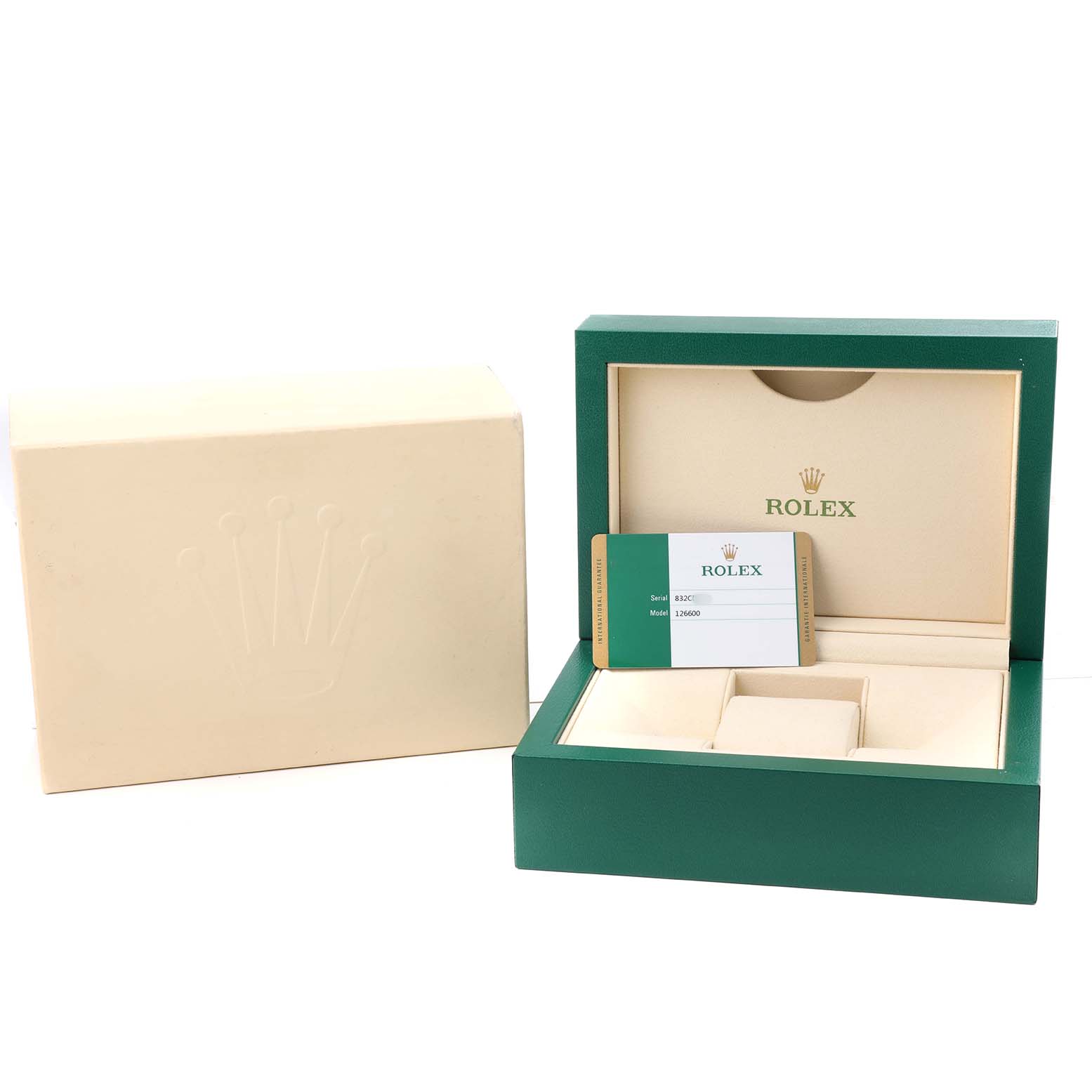 The image shows an open Rolex Sea-Dweller 126600 Men's Stainless Steel Black Dial box with a card inside, viewed from a straight angle, alongside a closed outer box.