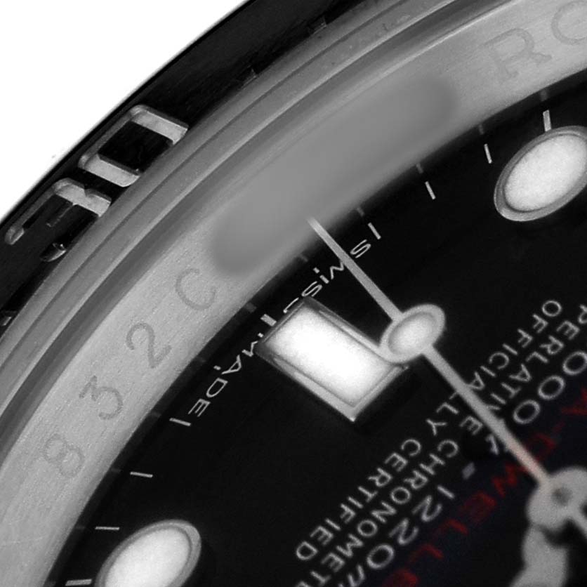 The image shows a close-up of the dial, date window, and part of the bezel of the Rolex Sea-Dweller 126600 Men's Stainless Steel Black Dial watch.