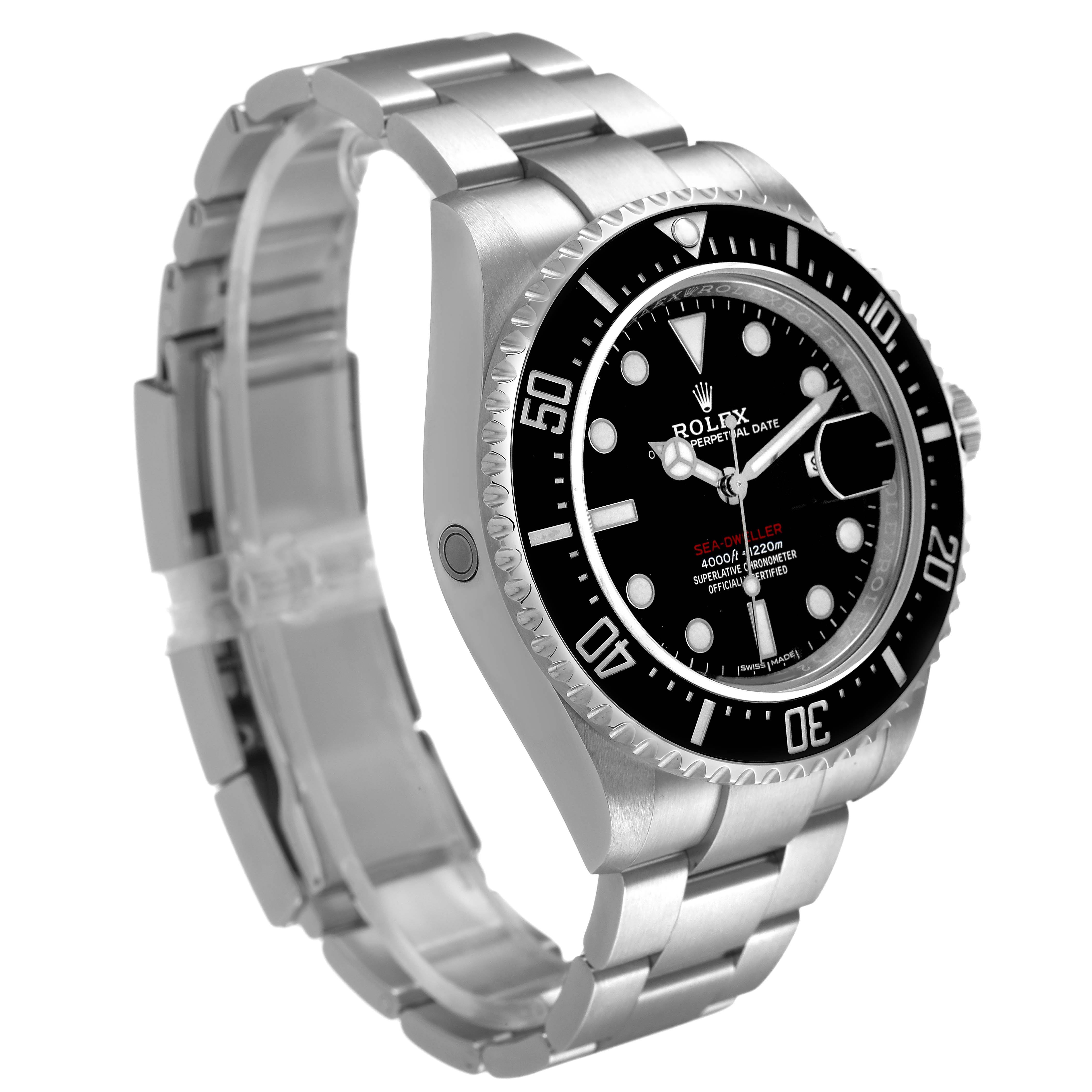The Rolex Sea-Dweller 126600 Men's Stainless Steel Black Dial watch is shown at an angle highlighting the face, bezel, and bracelet from a front-left perspective.