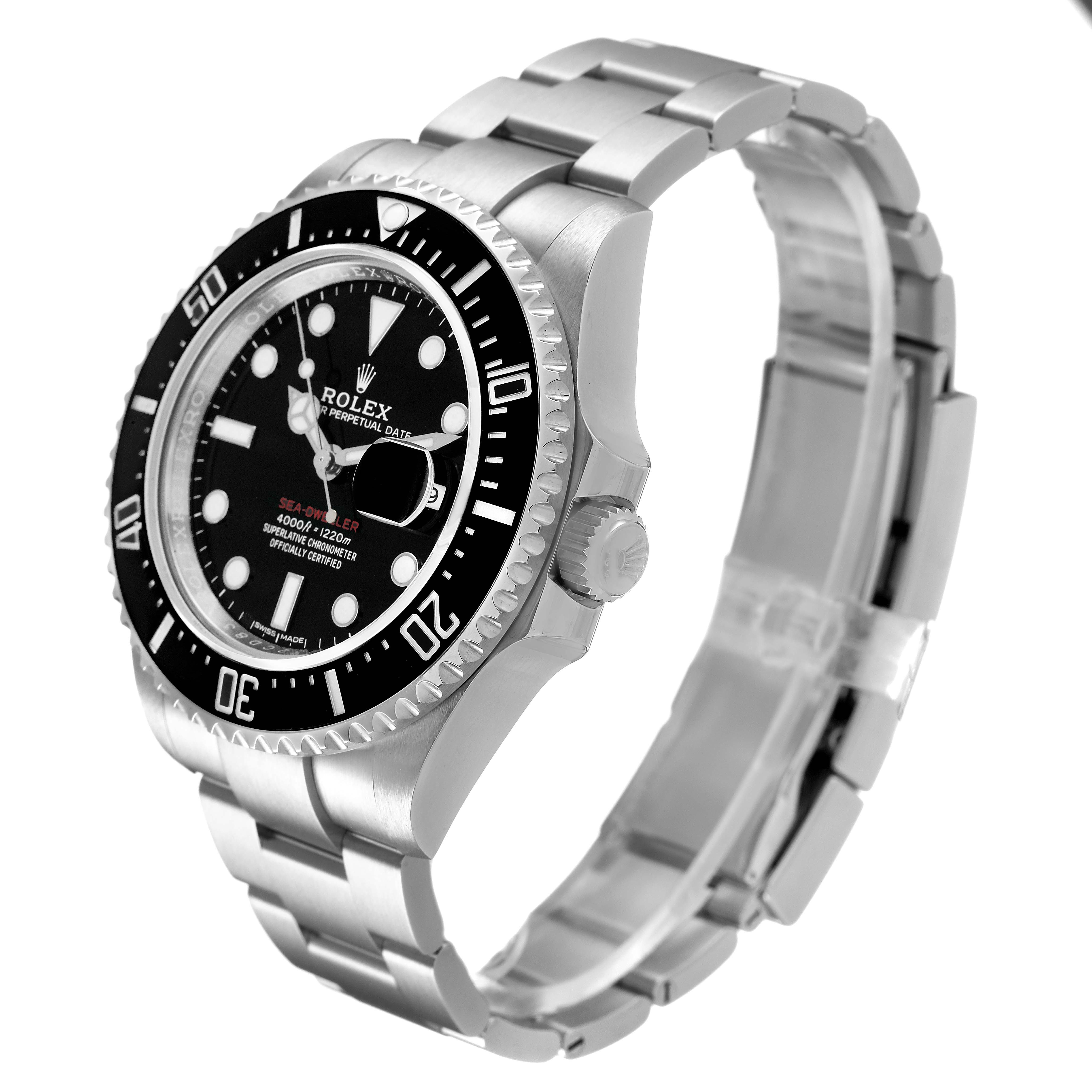 The Rolex Sea-Dweller 126600 Men's Stainless Steel Black Dial watch is shown at an angled side view, displaying the bracelet, bezel, dial, and crown.