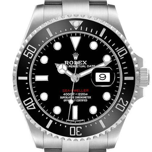 The image shows a front view of a Rolex Sea-Dweller 126600 Men's Stainless Steel Black Dial watch, highlighting its dial, bezel, and date window.
