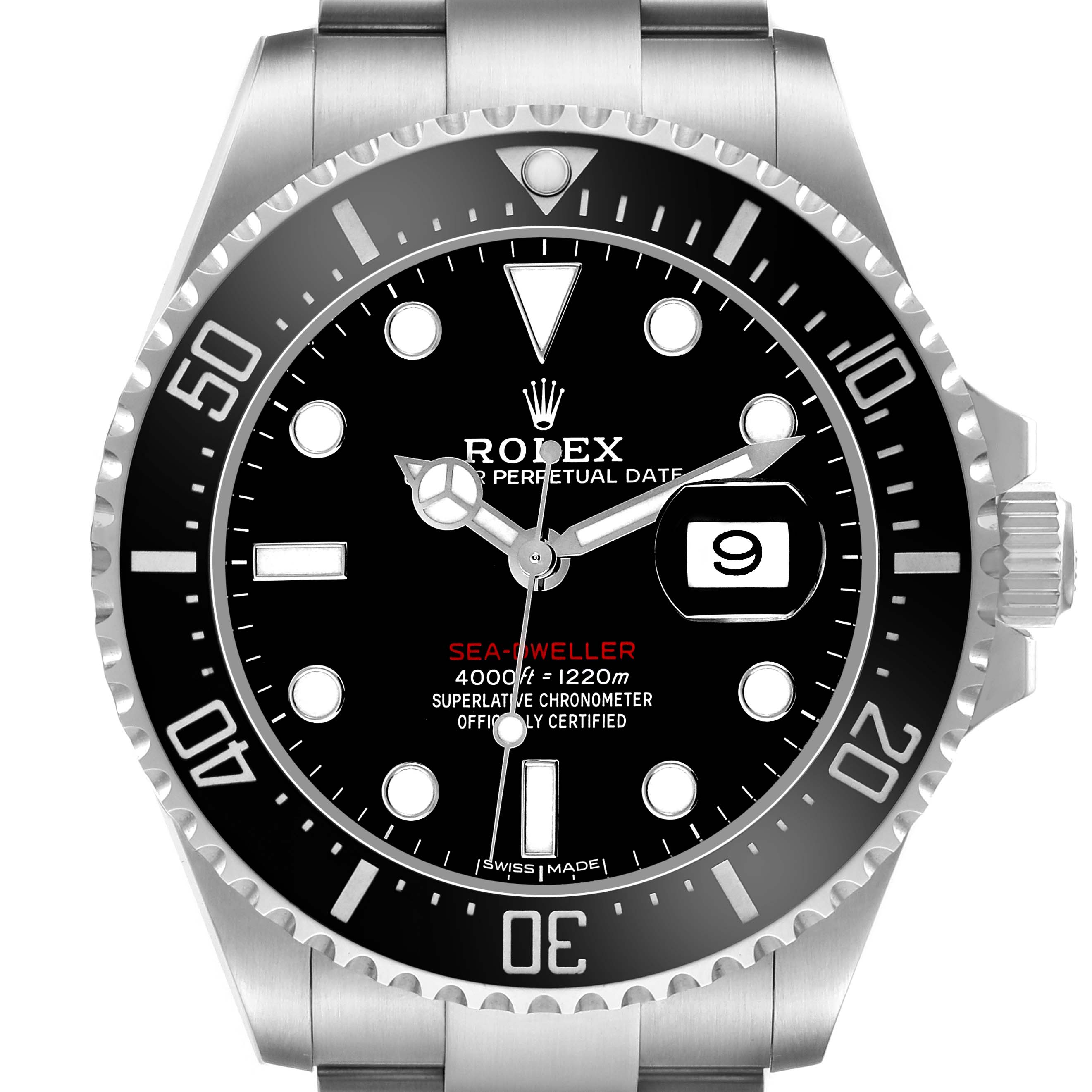 The Rolex Sea-Dweller 126600 Men's Stainless Steel Black Dial watch is shown from the front, displaying the dial, bezel, and part of the bracelet.