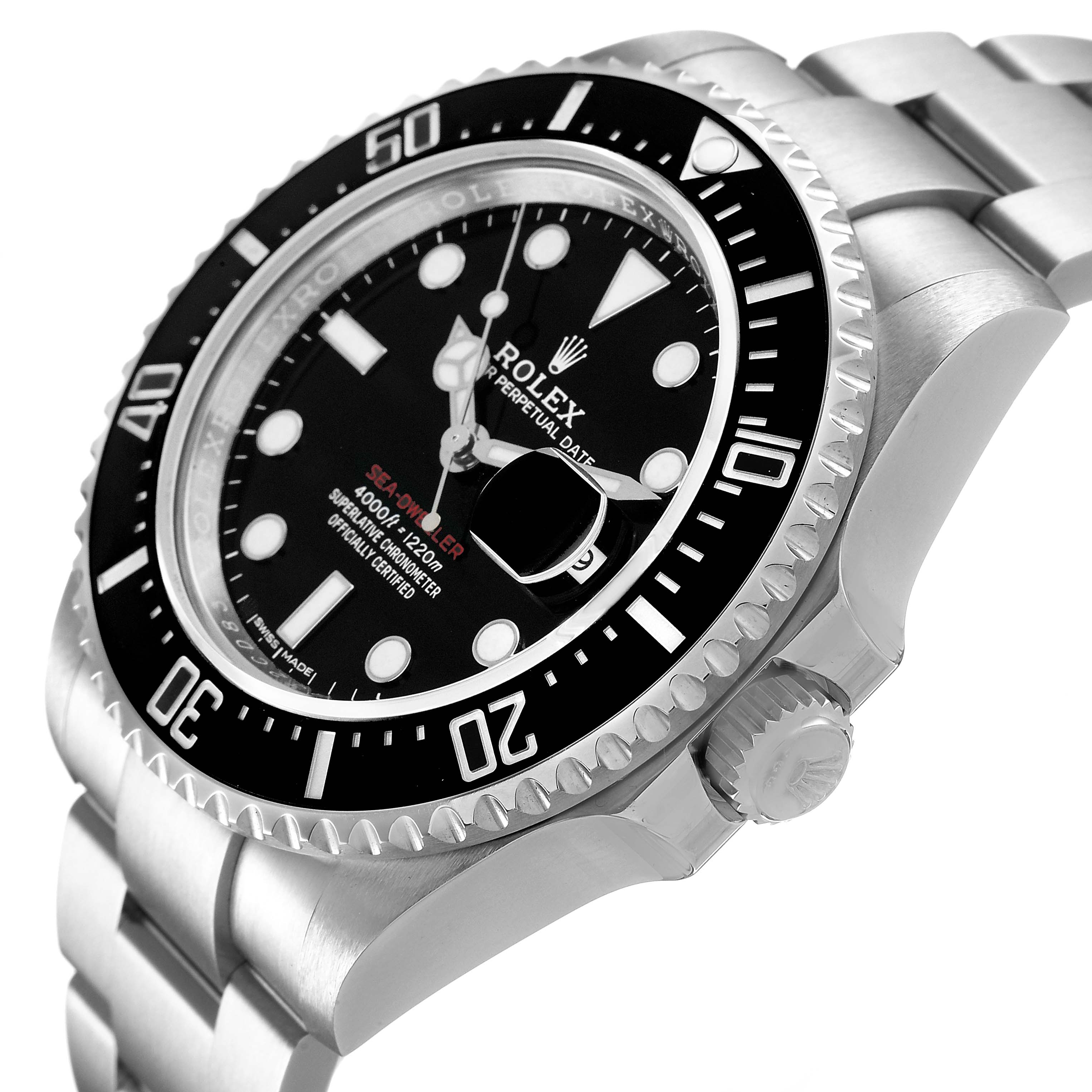 The Rolex Sea-Dweller 126600 Men's Stainless Steel Black Dial is shown from an angled side view, highlighting the bezel, crown, and part of the bracelet.
