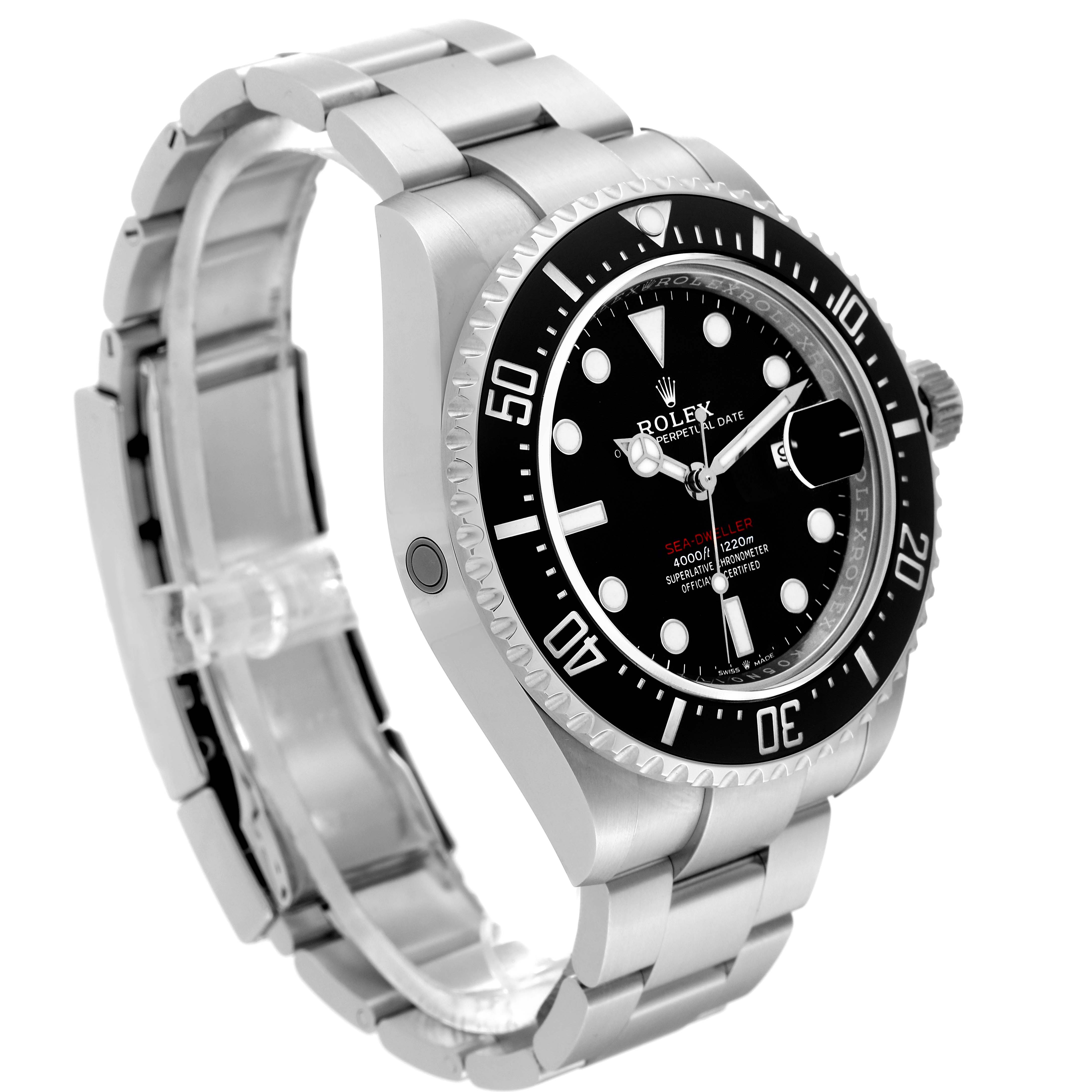 The image shows a Rolex Sea-Dweller 126600 Men
s Stainless Steel Black Dial 126600 Men
s Stainless Steel Black Dial watch from an angled side view, highlighting the bezel, dial, and stainless steel bracelet.