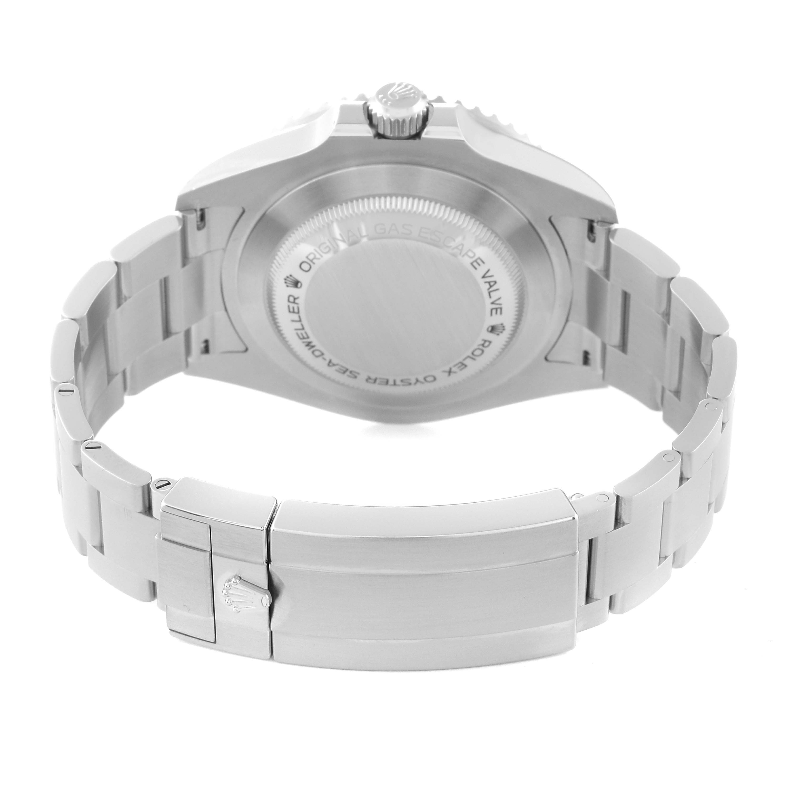 The image shows the back case and bracelet clasp of a Rolex Sea-Dweller 126600 Men
s Stainless Steel Black Dial 126600 Men
s Stainless Steel Black Dial watch from a rear angle.