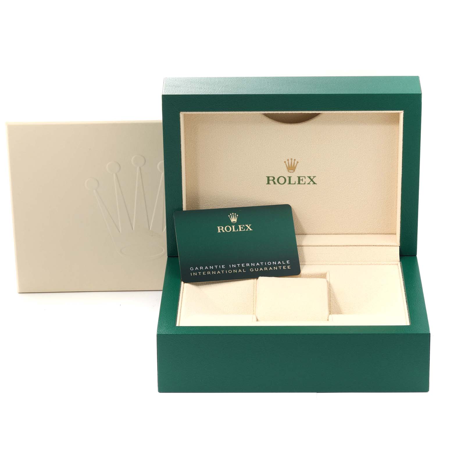 This image shows the packaging and international guarantee card for the Rolex Sea-Dweller 126600 Men
s Stainless Steel Black Dial 126600 Men
s Stainless Steel Black Dial.