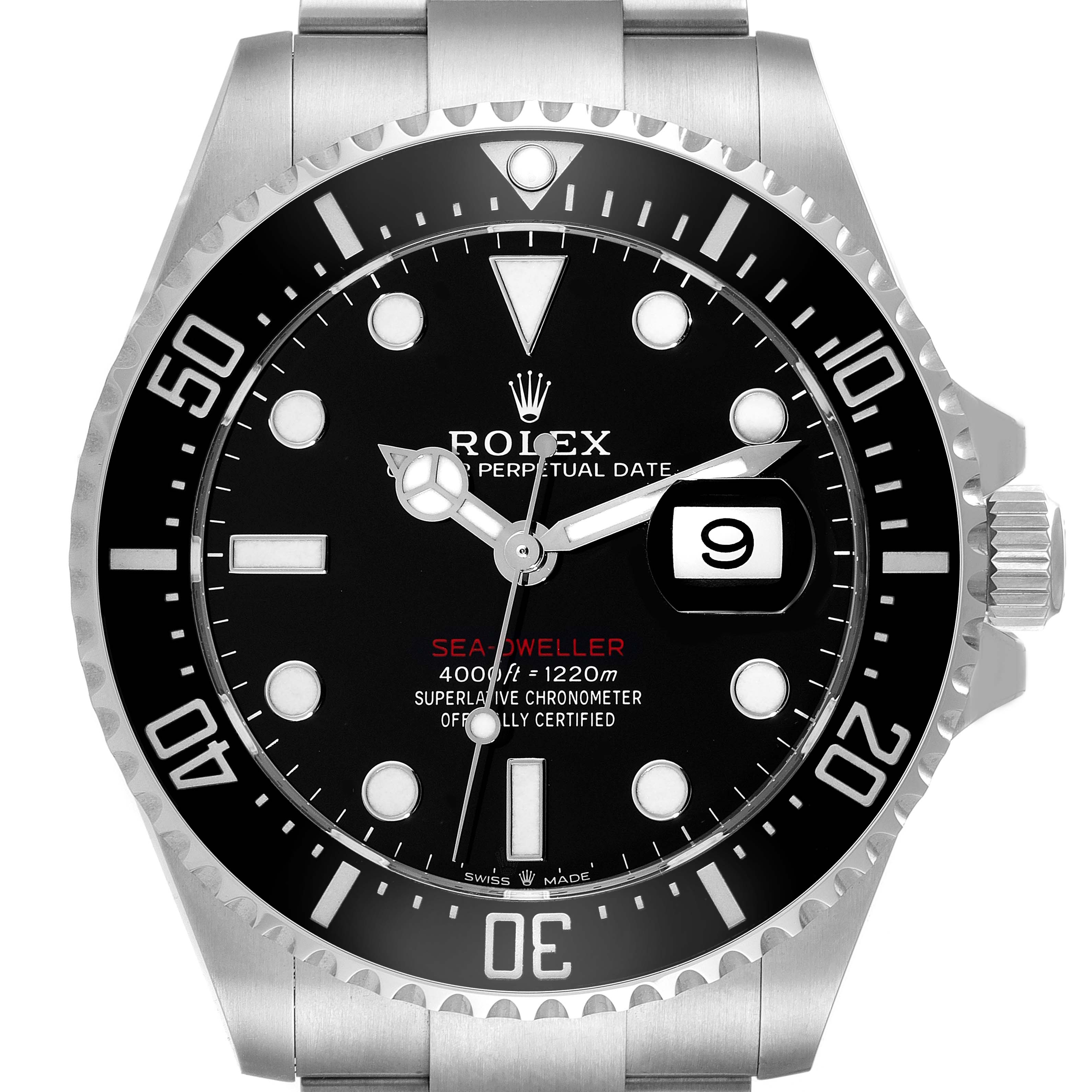 The image shows a front view of the Rolex Sea-Dweller 126600 Men
s Stainless Steel Black Dial 126600 Men
s Stainless Steel Black Dial watch, featuring its dial, bezel, and a partial view of the bracelet.
