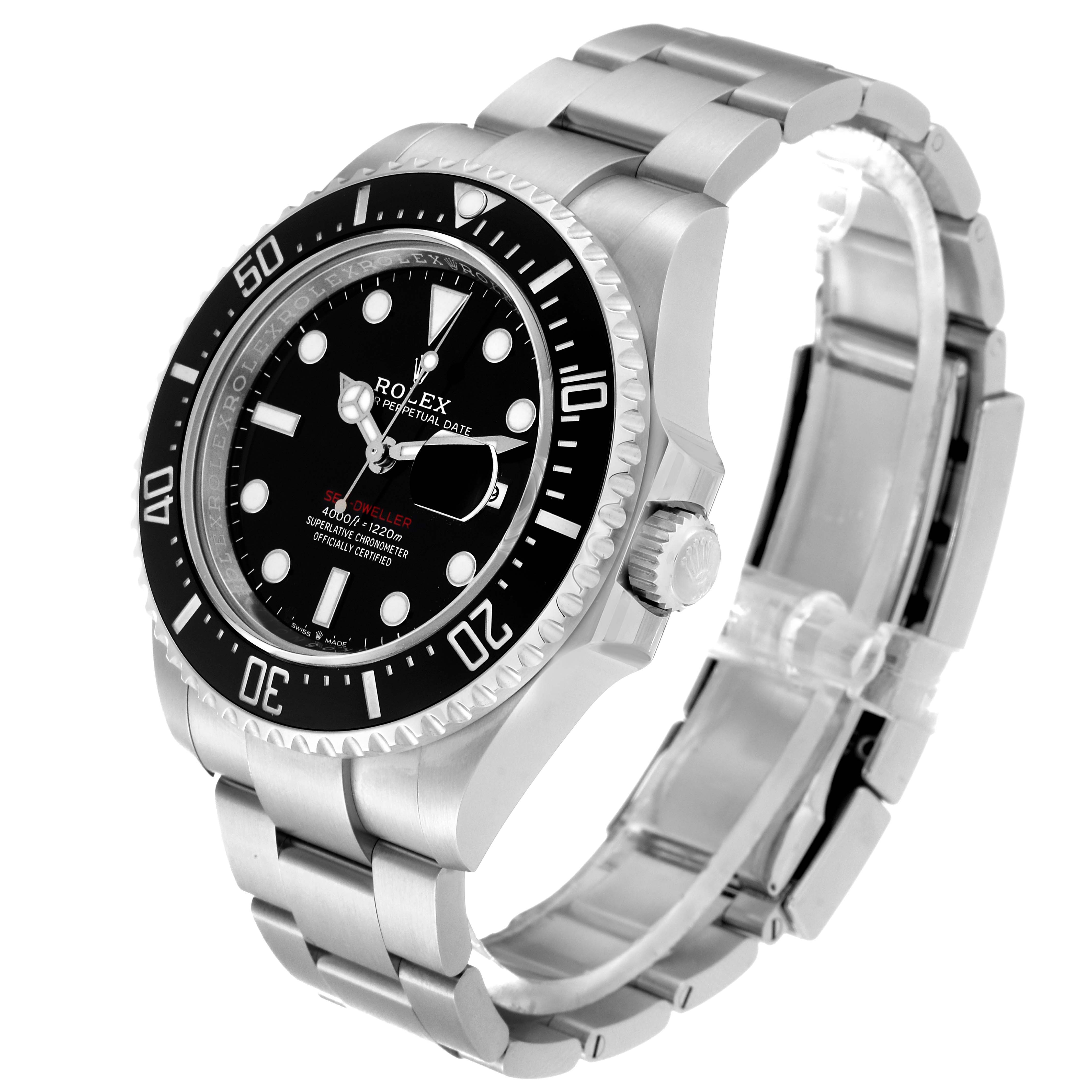 The Rolex Sea-Dweller 126600 Men
s Stainless Steel Black Dial 126600 Men
s Stainless Steel Black Dial watch is shown at a three-quarter angle, highlighting the dial, bezel, bracelet, and crown.