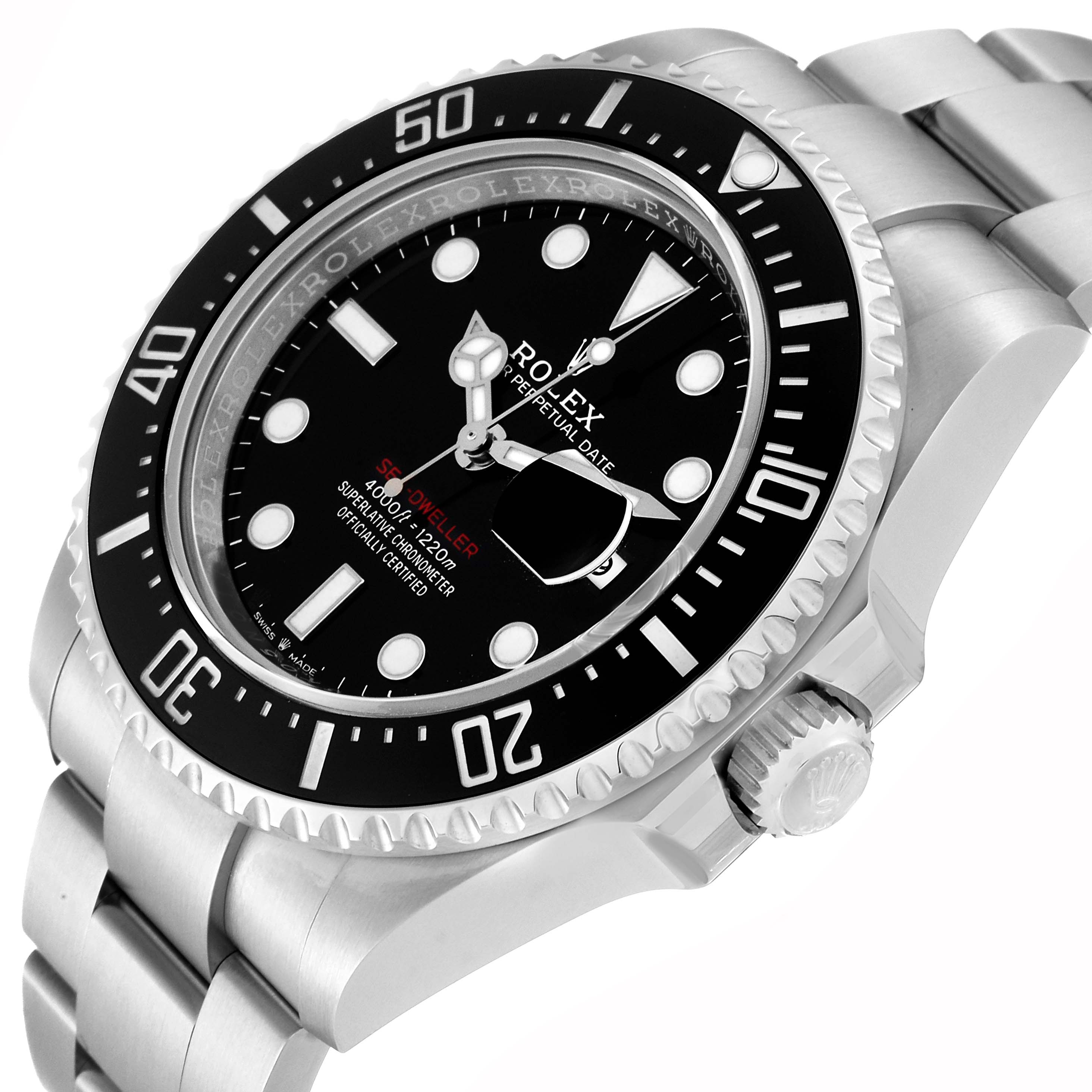 The Rolex Sea-Dweller 126600 Men
s Stainless Steel Black Dial 126600 Men
s Stainless Steel Black Dial watch is shown at a three-quarter angle, highlighting the bezel, dial, crown, and part of the bracelet.