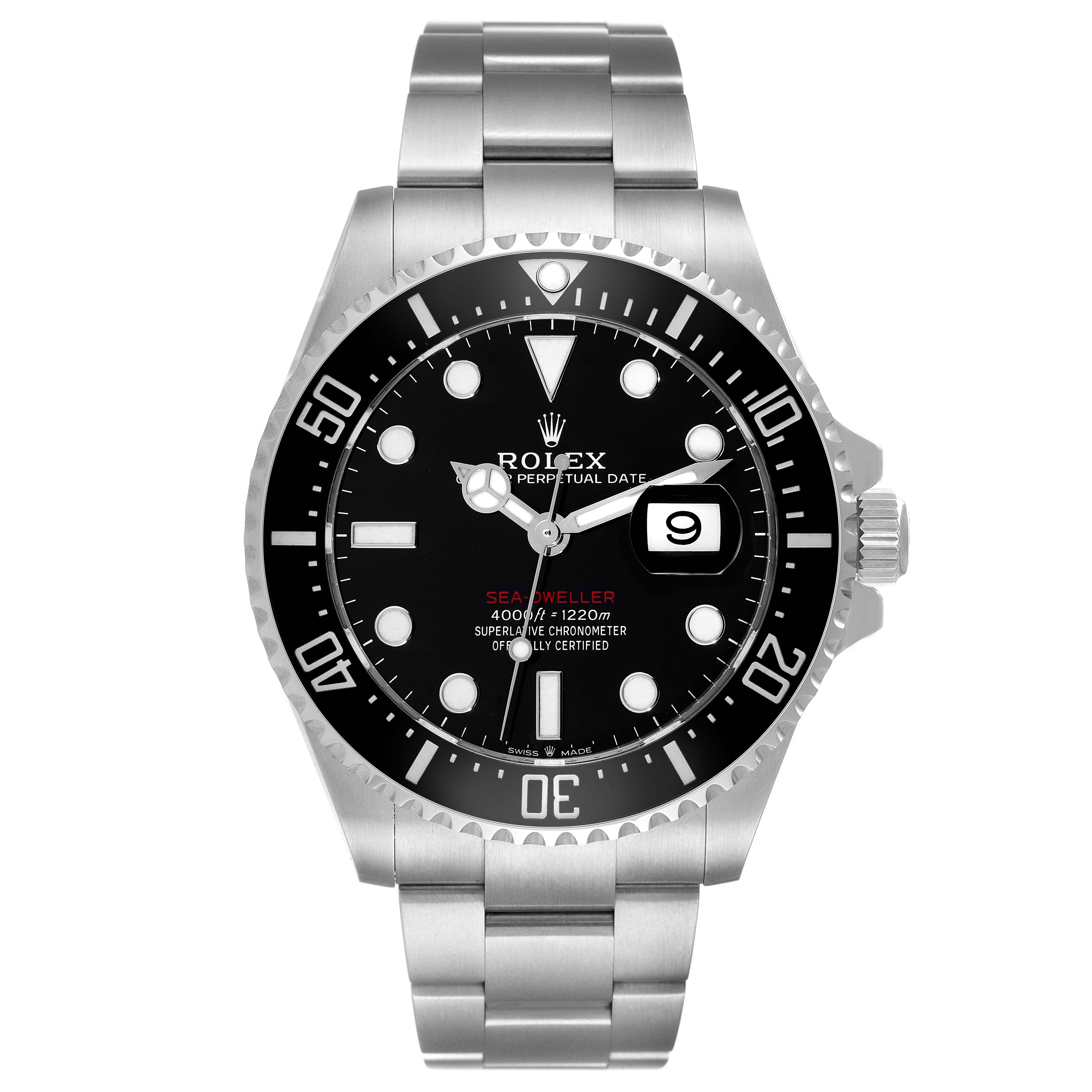 The image shows a front view of a Rolex Sea-Dweller 126600 Men
s Stainless Steel Black Dial 126600 Men
s Stainless Steel Black Dial watch, displaying its face, bezel, and bracelet.