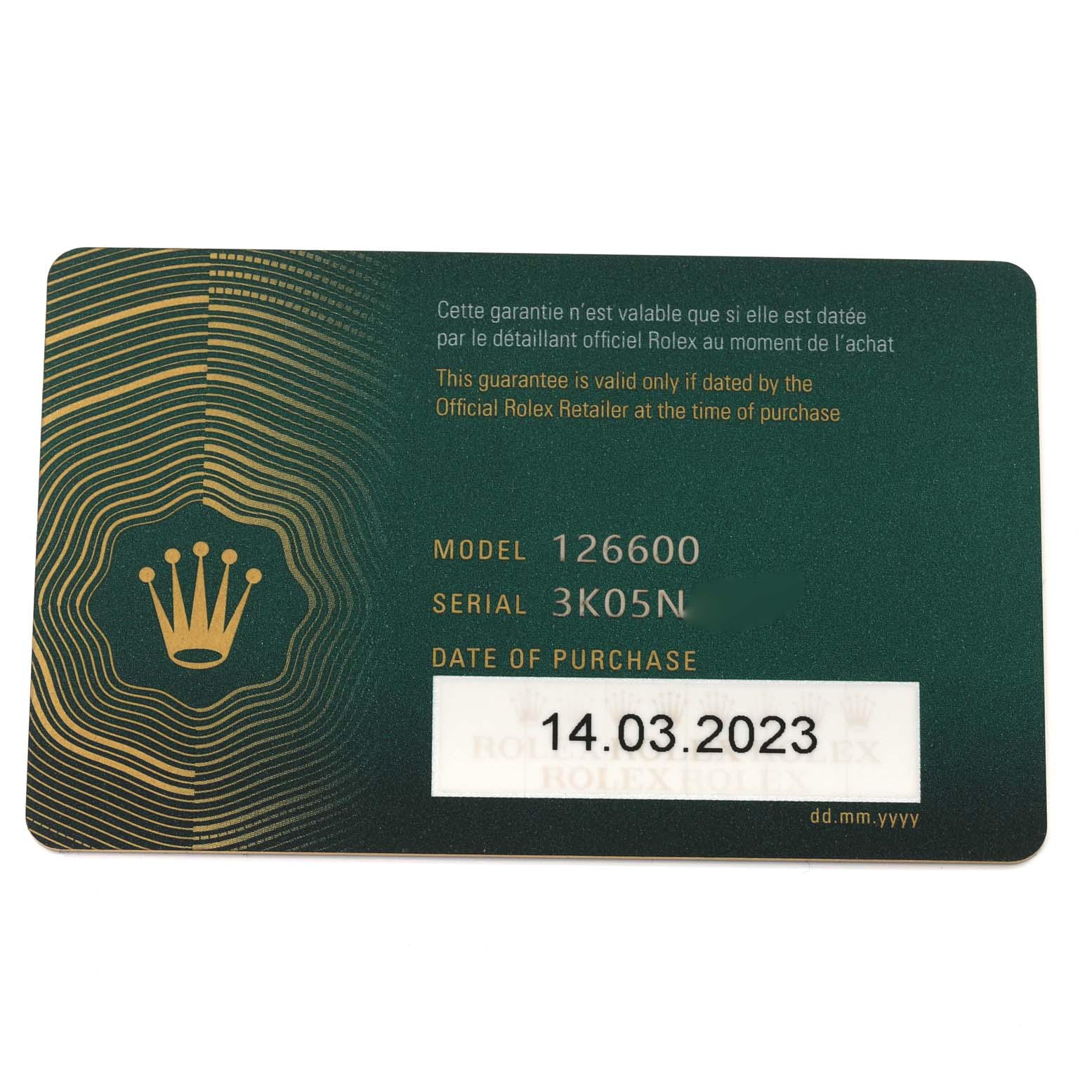 This is a guarantee card for a Rolex Sea-Dweller 126600 Men
s Stainless Steel Black Dial 126600 Men
s Stainless Steel Black Dial model 126600, displaying the model, serial number, and date of purchase.