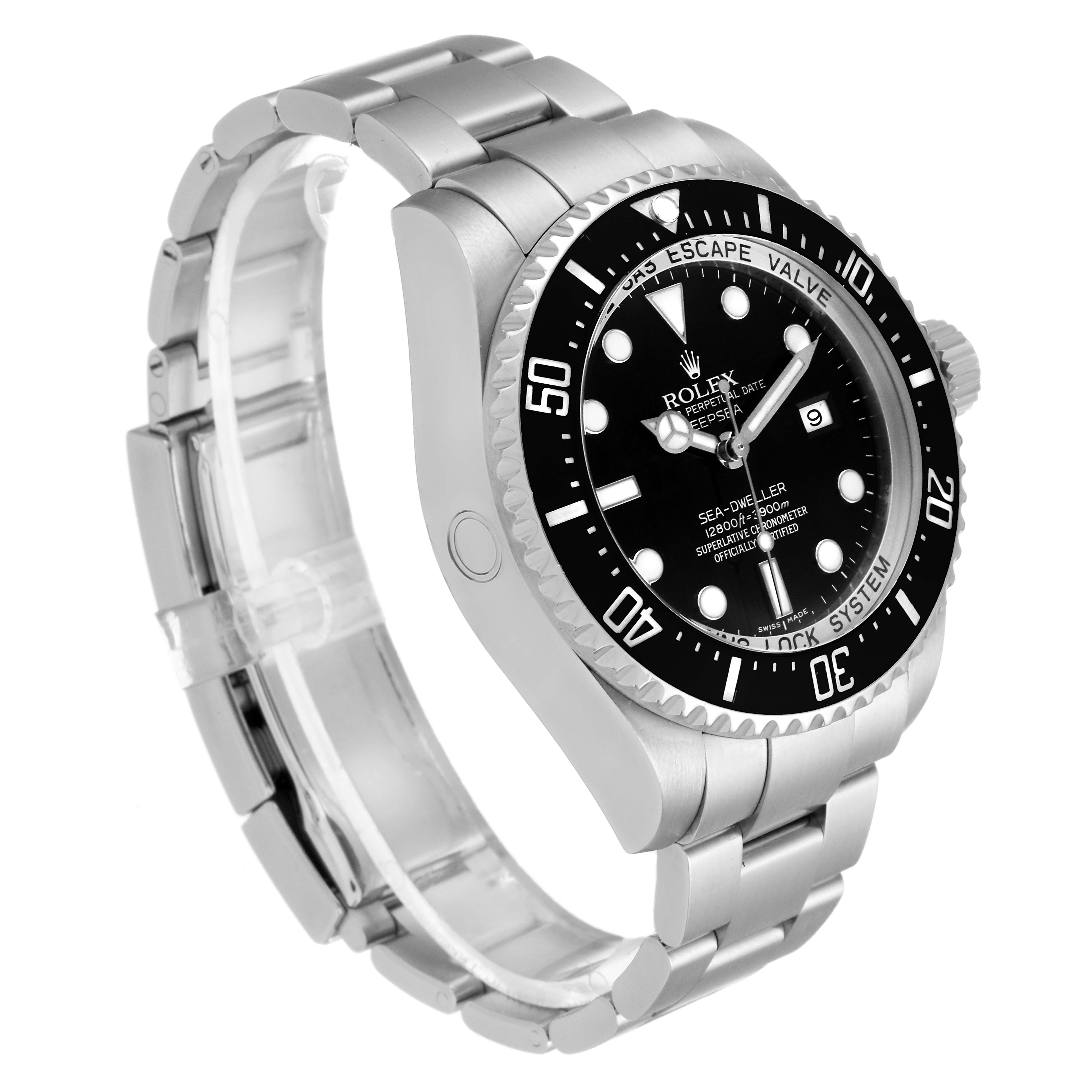 The Rolex Sea-Dweller 116660 Men
s Stainless Steel Black Dial 116660 Men
s Stainless Steel Black Dial watch is shown at a front-left angle, displaying its face, bezel, case, and bracelet.