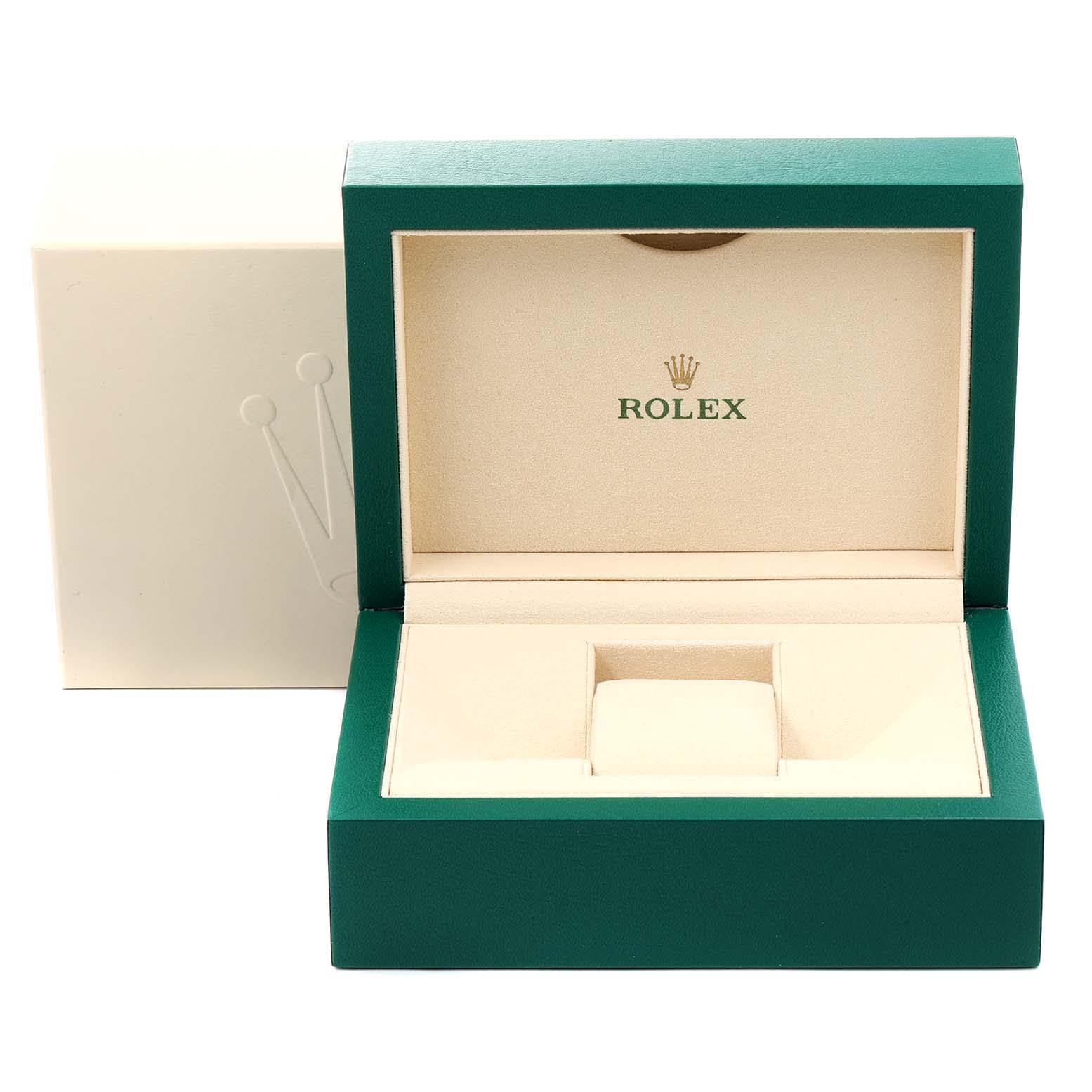 The image shows an empty green and beige Rolex watch box for the Sea-Dweller model.