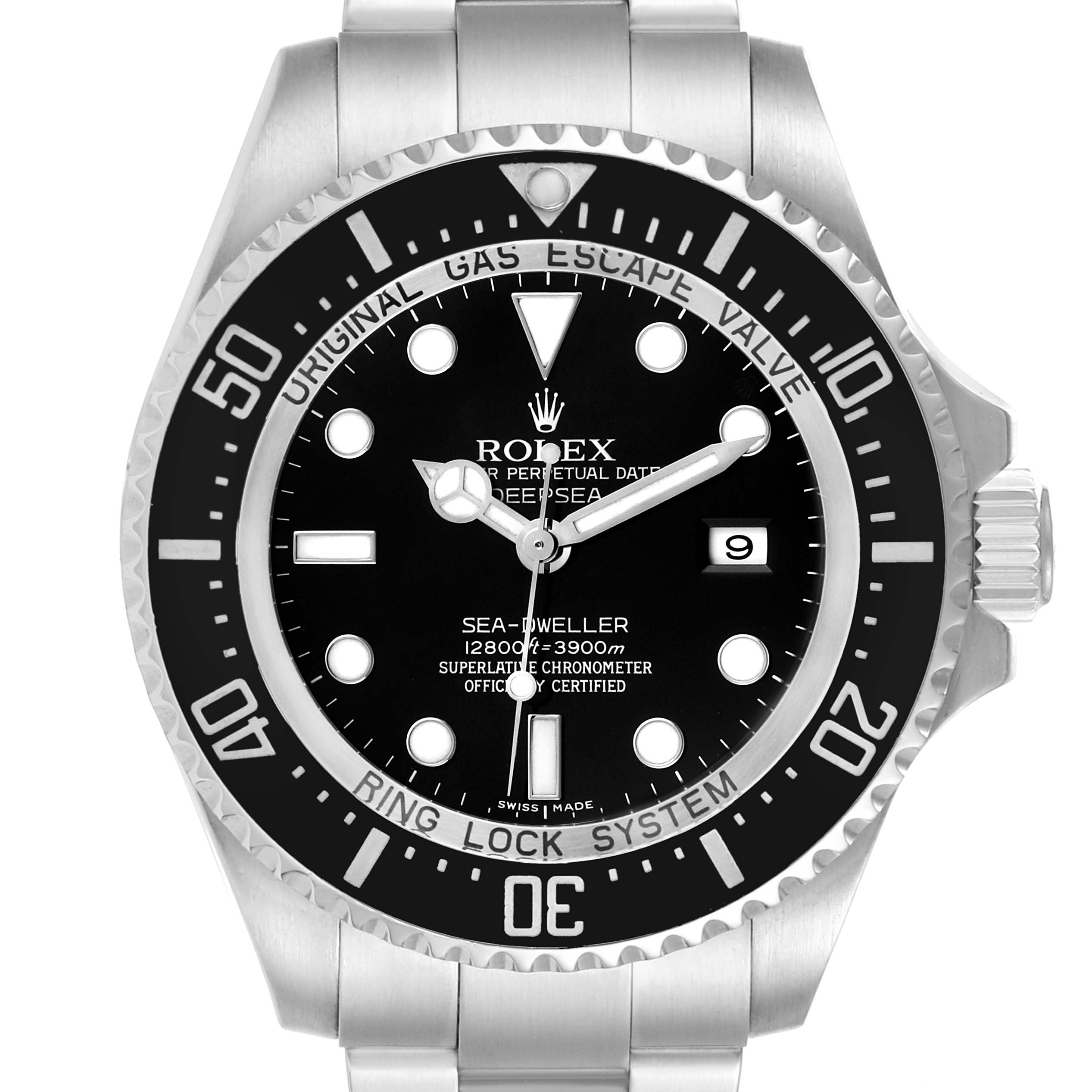 The image shows a front view of a Rolex Sea-Dweller 116660 Men
s Stainless Steel Black Dial 116660 Men
s Stainless Steel Black Dial watch, highlighting its black dial, bezel, and stainless steel bracelet.